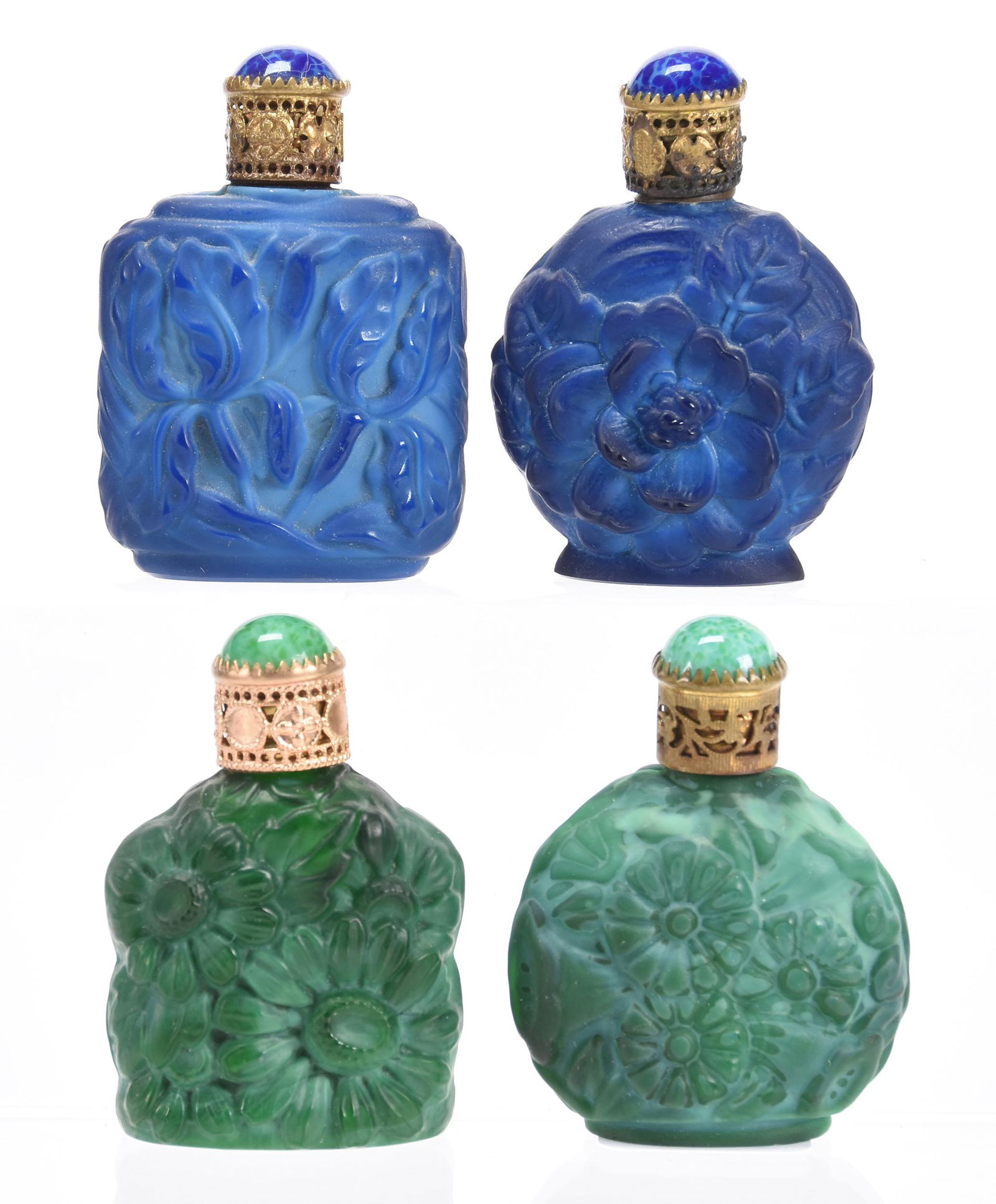 (4) Decorative Miniature Perfume Bottles: (4) Decorative Miniature Perfume Bottles; (2) Carved Malachite with Floral Decor, (2) Carved Blue Lapis with Carved Floral Decor, Colored Stone Stoppers, Approximately 2.25" Attributed to Czechoslovak