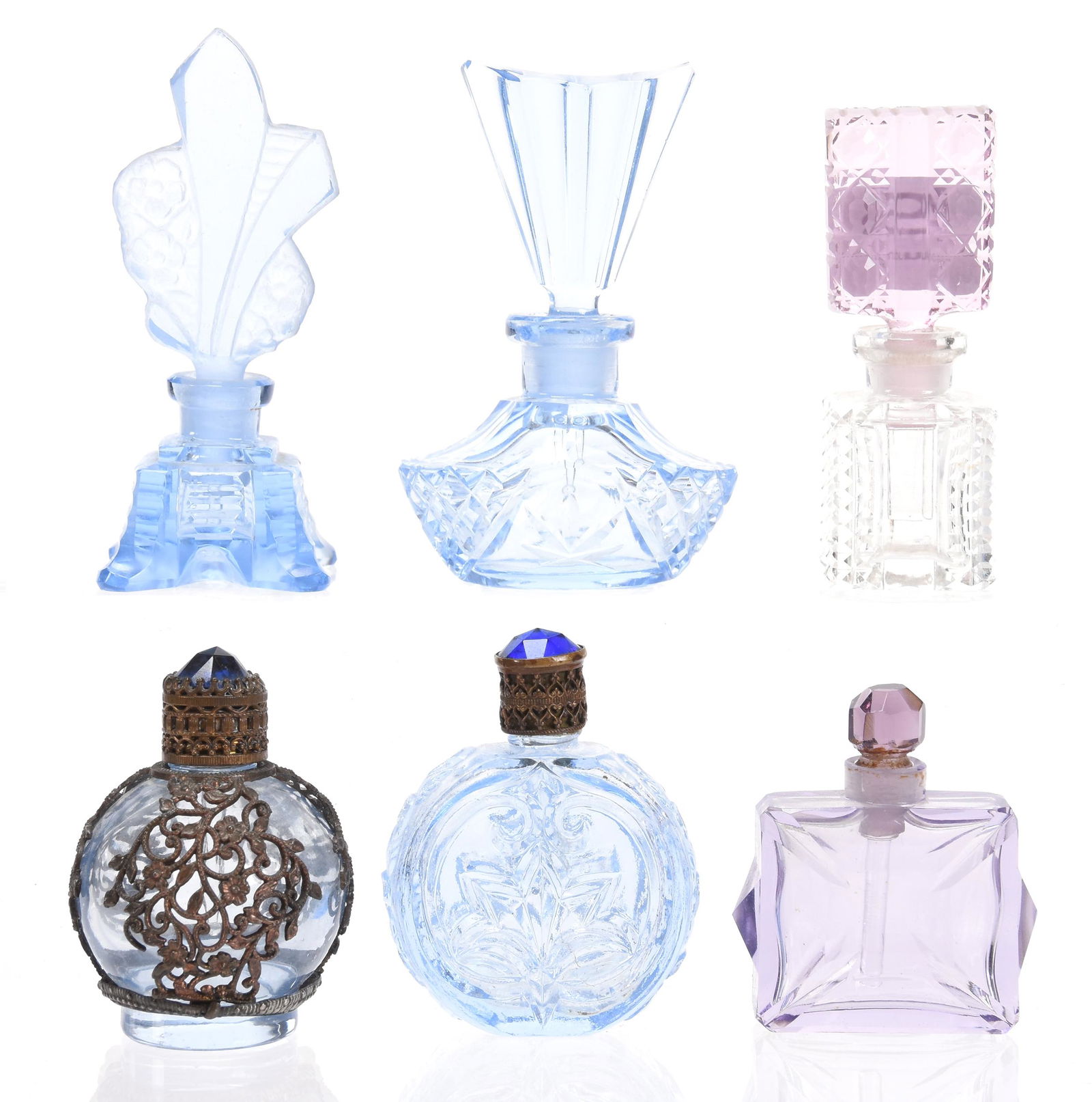 (6) Decorative Miniature Perfume Bottles: (6) Decorative Miniature Perfume Bottles; (4) Blue Bottles, (2) Lavender, Sizes from 3.5" to 2" Attributed to Czechoslovakia, See Photos for Details; Newland Collection, California