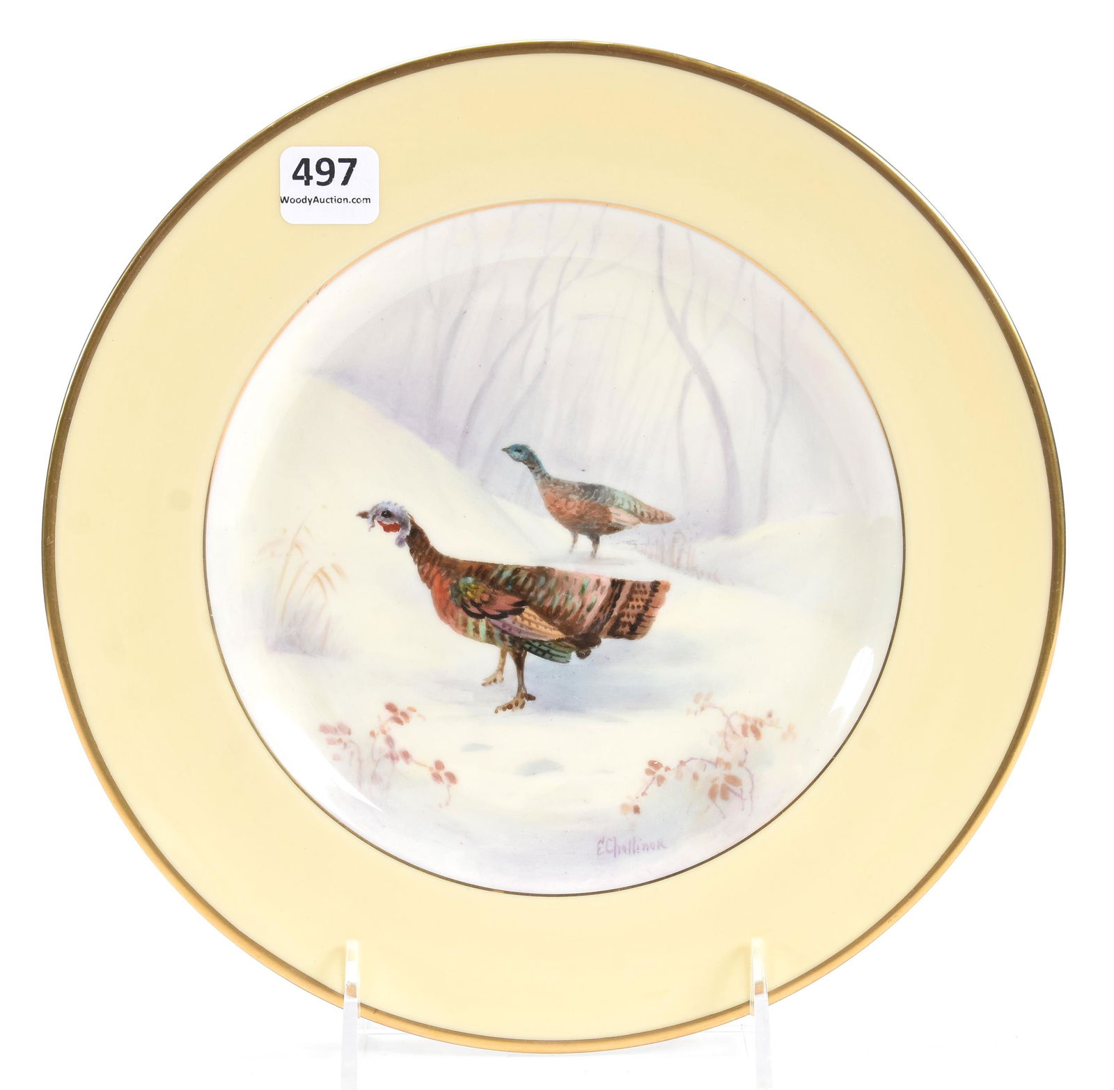 Plate, Marked Pickard, Artist Signed Challinor: Plate, Marked Pickard, Artist Signed Challinor; 9.25" Hand-Painted Turkey Winter Scene Decor Titled "Wild Turkey" Cream Border; Hefter Collection, Iowa