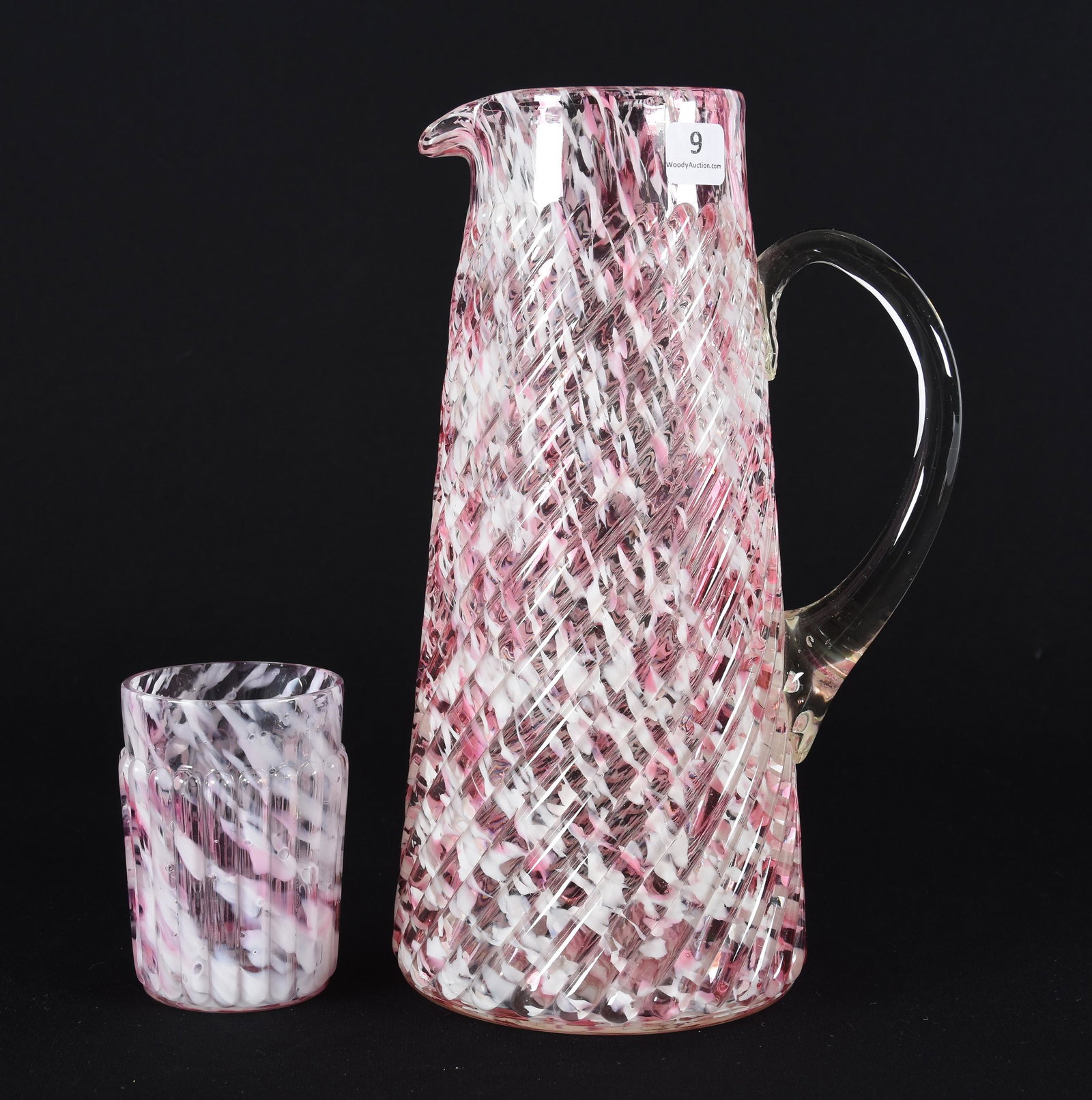 Pitcher, Northwood Art Glass: Pitcher, Northwood Art Glass, 11", 3.75", Cranberry And Opal Spatter, Swirled Rib Mold, Selling With A Ribbed Tumbler, Circa 1890's; Collection Of Leland (Lee) Marple, CA, Author & Glass Researcher