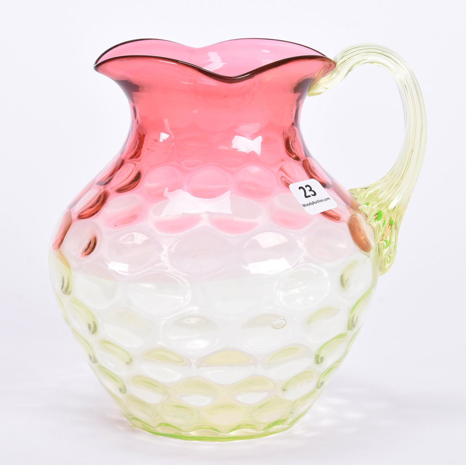 Pitcher, Duncan & Sons Art Glass, Rubina Verde: Pitcher, Duncan & Sons Art Glass, Rubina Verde, 7", Coinspot Optic, Square Top, Applied Ribbed Vaseline Handle, Polished Pontil Base, Circa 1890's; Collection Of Leland (Lee) Marple, CA, Author & Glas
