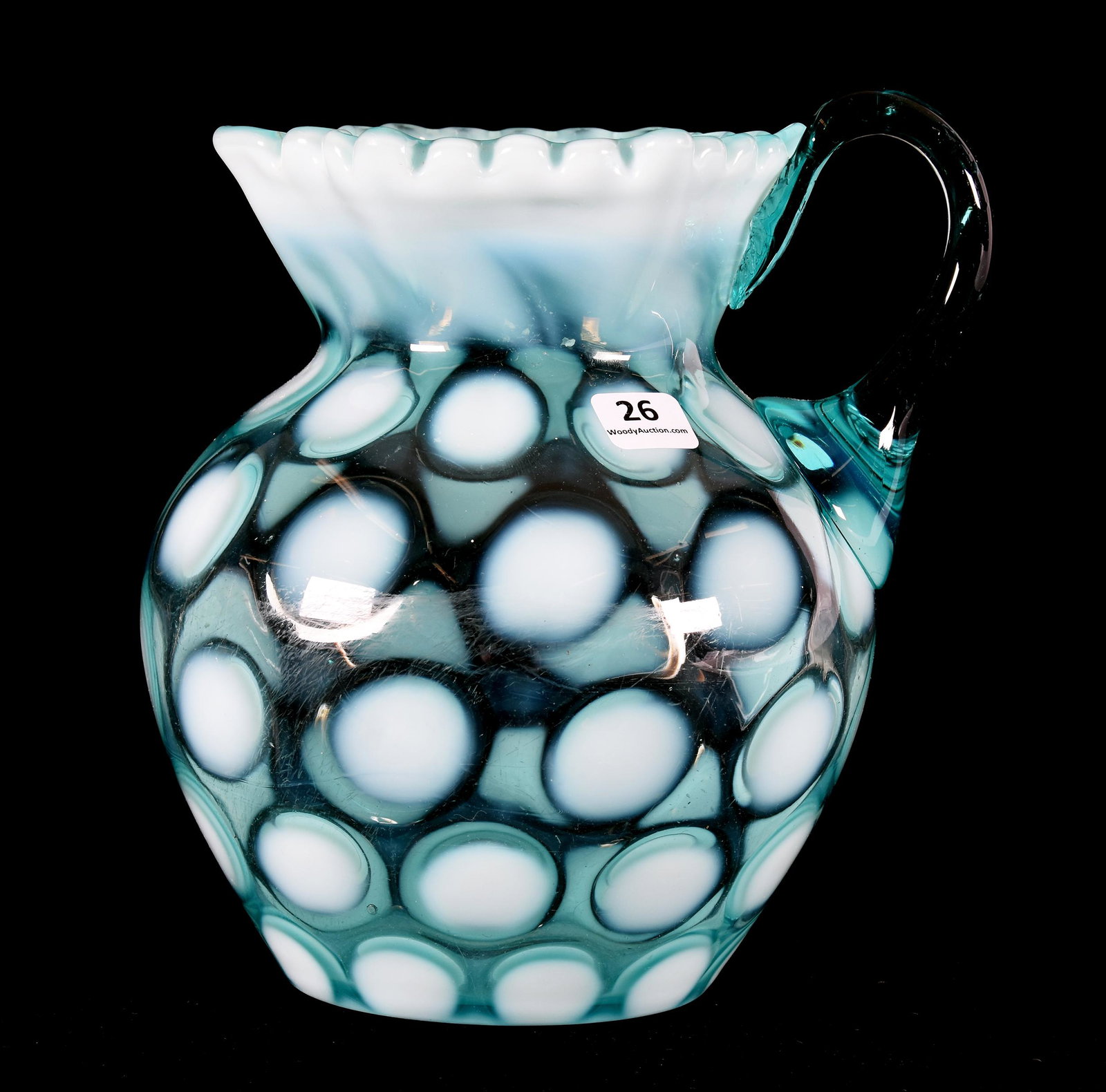 Pitcher, Phoenix Art Glass, Blue Opalescent: Pitcher, Phoenix Art Glass, Blue Opalescent, 8.25", Coinspot, Crimped Hex Top As Shown In Phoenix Ads, Applied Blue Handle, Polished Pontil Base, Circa 1890's; Collection Of Leland (Lee) Marple, CA, A