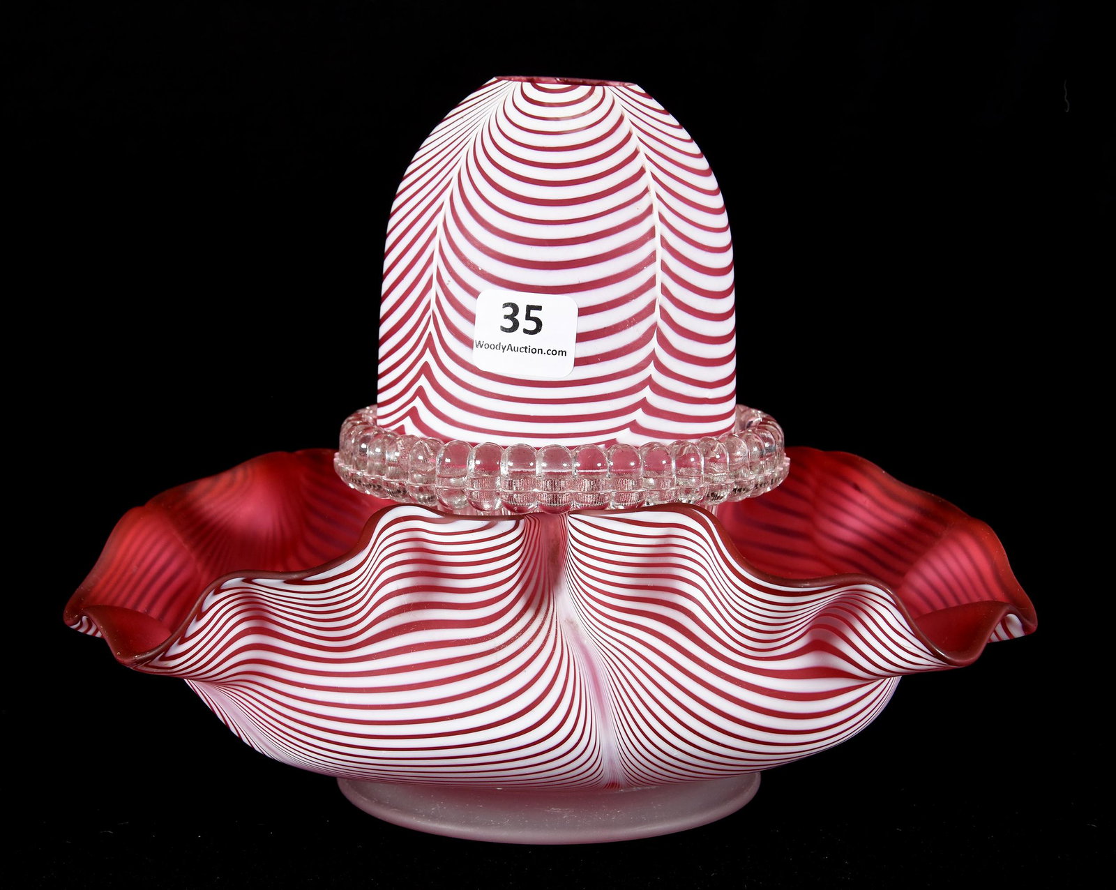 Fairy Lamp, Phoenix Art Glass, Cranberry Opal: Fairy Lamp, Phoenix Art Glass, Cranberry Opal, 6.25" X 8", Nailsea Design, Satin Finish, Three Piece With Nailsea Tri-Fold Ruffled Base, Clear Glass Insert, Nailsea Shade Has Two Rim Chips, Phoenix Mo