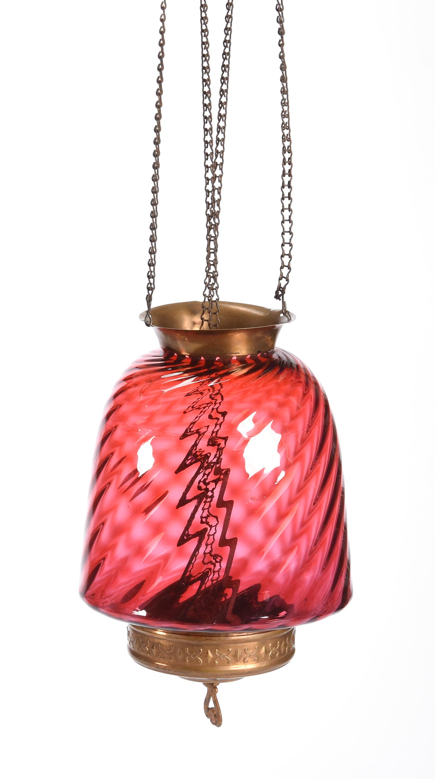 Hanging Hall Lamp, Cranberry Swirl Art Glass: Hanging Hall Lamp, Cranberry Swirl Art Glass, 11.5", Brass Fittings Included, Chain Needs To Be Straightened, Circa 1890's; Collection Of Leland (Lee) Marple, CA, Author & Glass Researcher