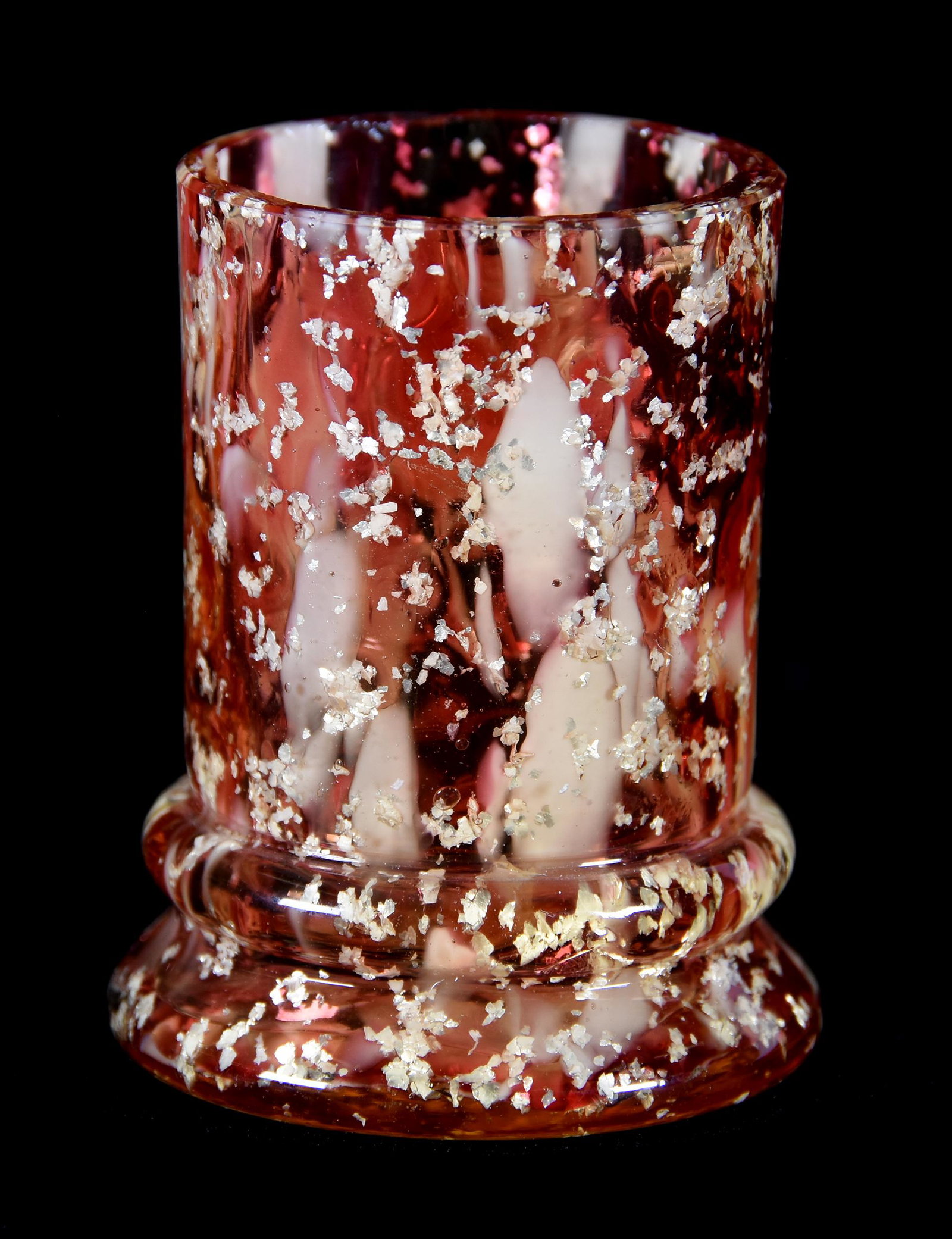 Toothpick Holder, Phoenix Art Glass: Toothpick Holder, Phoenix Art Glass, 2.25", Cranberry Opal Spatter With Silver Mica Highlights, Ring Base, Small Rim Nick, Circa 1890's; Collection Of Leland (Lee) Marple, CA, Author & Glass Researche