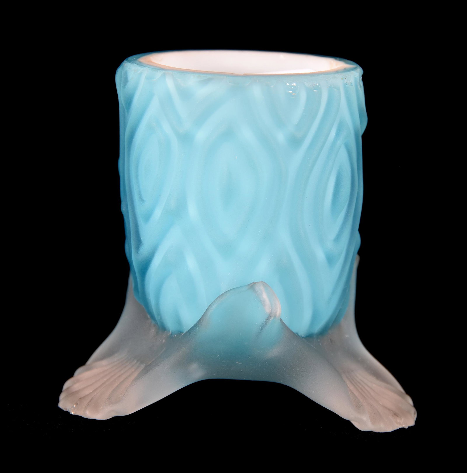 Toothpick Holder, Phoenix Art Glass: Toothpick Holder, Phoenix Art Glass, 2.25", Blue Satin Cut Velvet Moire Pattern, Applied Frosted Petal Feet, Minor Nicks On Base Of Foot, Circa 1890's; Collection Of Leland (Lee) Marple, CA, Author & 