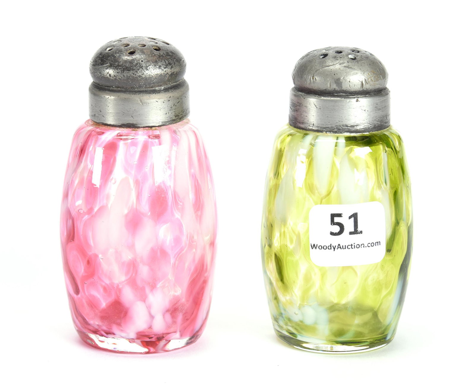 Salt & Pepper Set, Phoenix Art Glass: Salt & Pepper Set, Phoenix Art Glass, 3.5", (1) Green And Opal Spatter, (1) Cranberry And Opal Spatter, Circa 1890's; Collection Of Leland (Lee) Marple, CA, Author & Glass Researcher