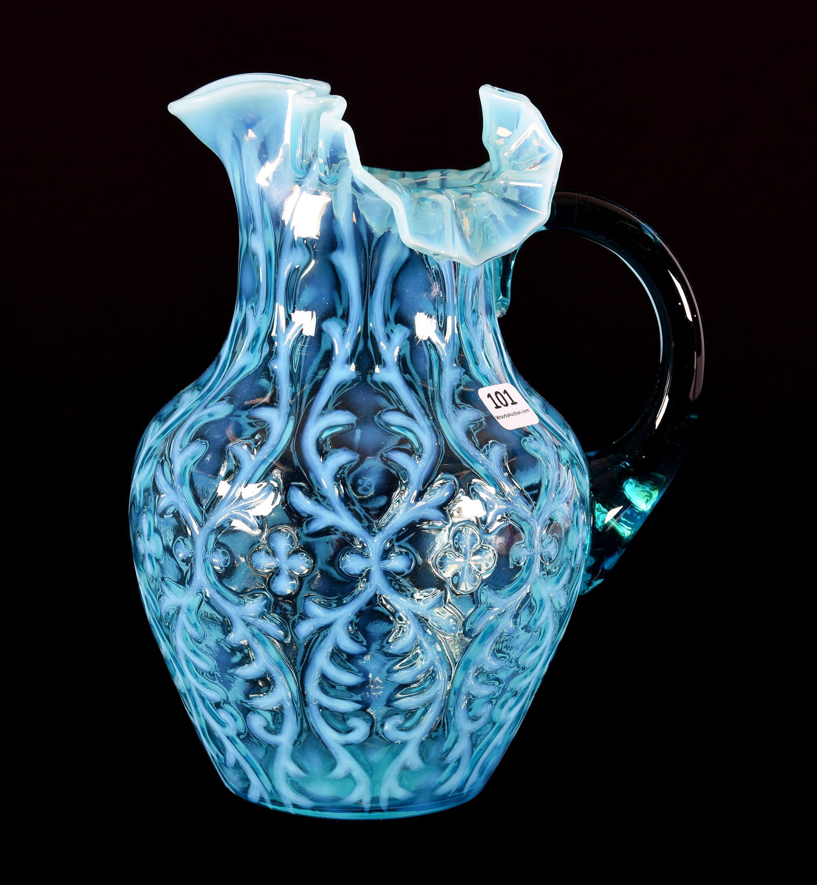 Pitcher, Northwood Art Glass, Blue Opal Spanish Lace: Pitcher, Northwood Art Glass, Blue Opal Spanish Lace, 9.75", Tri-Form Ruffled Top, Blue Applied Handle, Circa 1900's; Collection Of Leland (Lee) Marple, CA, Author & Glass Researcher