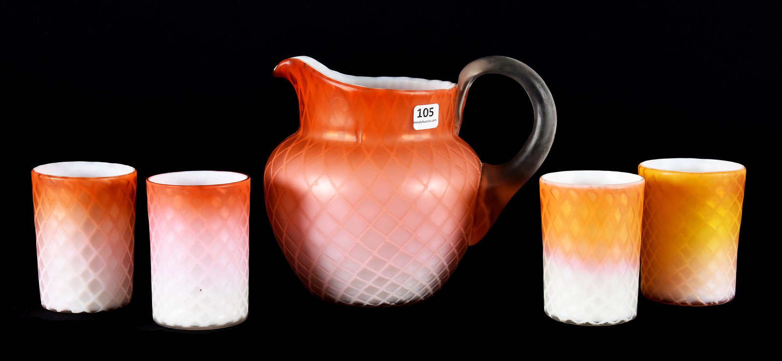 Water Set, Phoenix Art Glass, Apricot Satin Mop: Water Set, Phoenix Art Glass, Apricot Satin Mop, 7", Diamond Quilted Mold, Frosted Applied Handle, Polished Pontil Base, (4) 4" Tumblers In Very Similar Colors With (2) Apricot Like Pitcher, (1) Yello