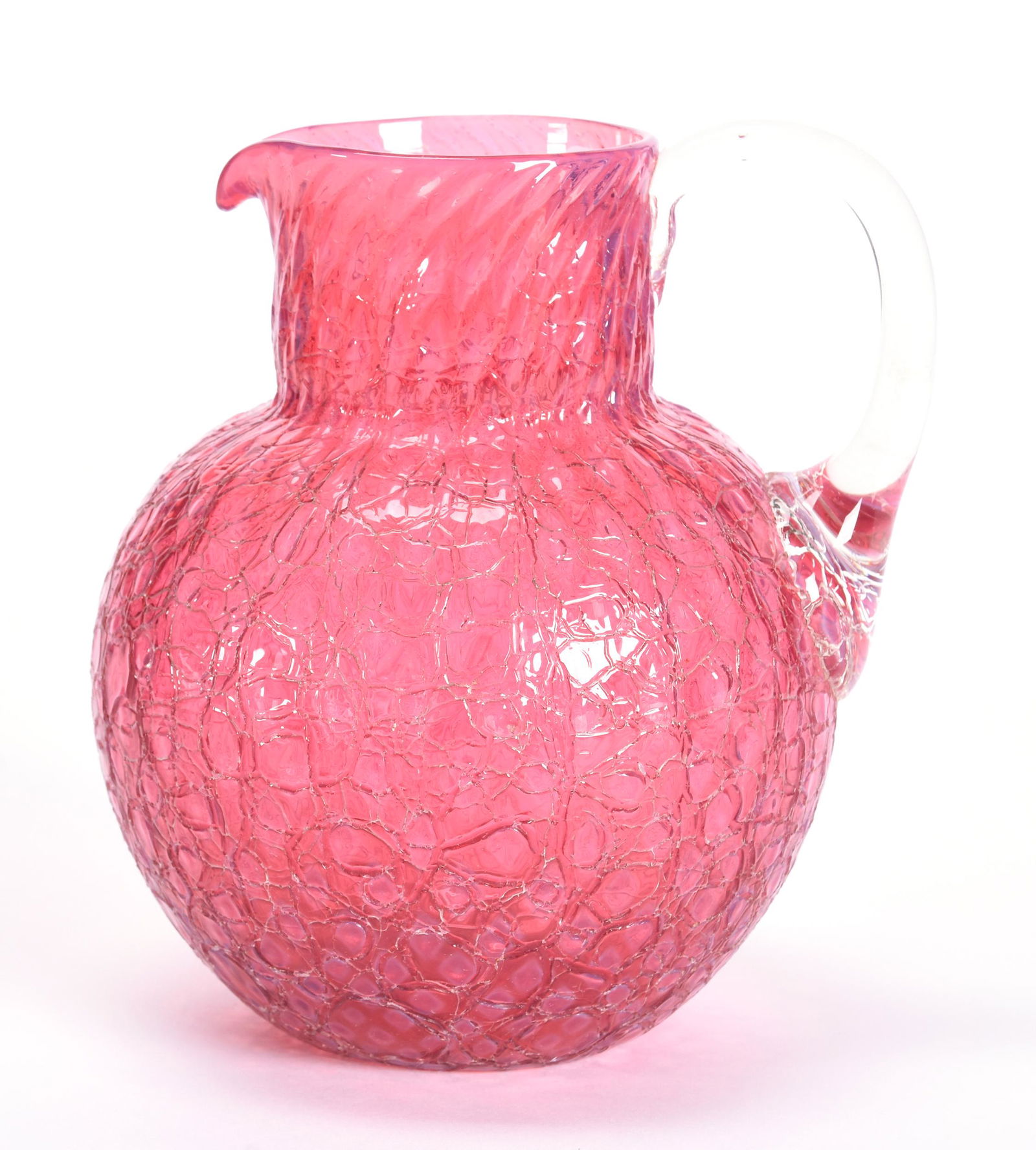 Pitcher, Phoenix Art Glass, Cranberry Opal: Pitcher, Phoenix Art Glass, Cranberry Opal, 7", Craquelle, Clear Applied Handle, Polished Pontil Base, Circa 1890's; Collection Of Leland (Lee) Marple, CA, Author & Glass Researcher