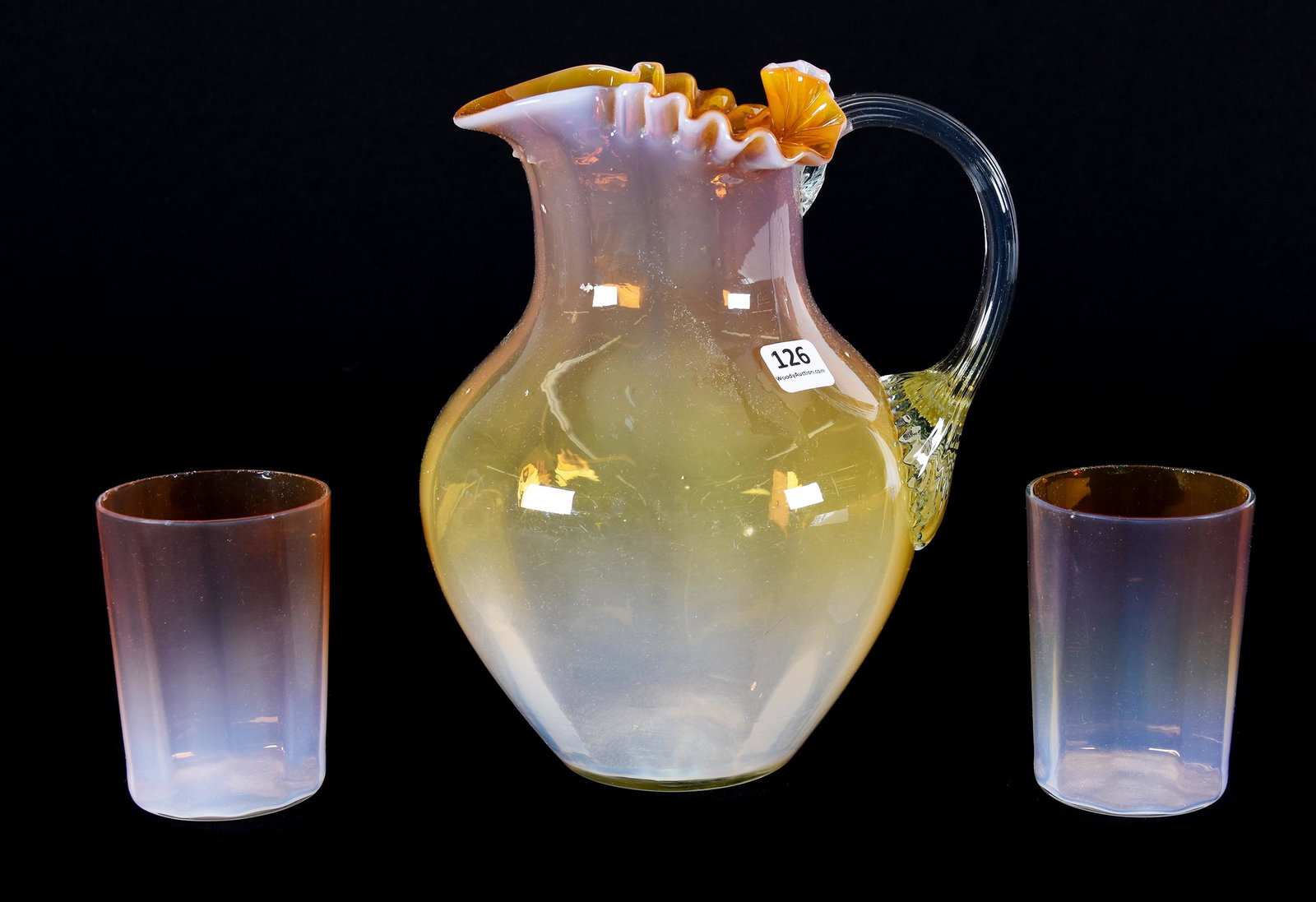 Water Set, Phoenix Art Glass, Bronze Shading To Opal: Water Set, Phoenix Art Glass, Bronze Shading To Opal, 8.75", 3.75", Clear Ribbed Applied Handle, Tri-Form Ruffled Top, Polished Pontil Base, (2) Matching Tumblers Have Some Rim Roughness, Circa 1890's