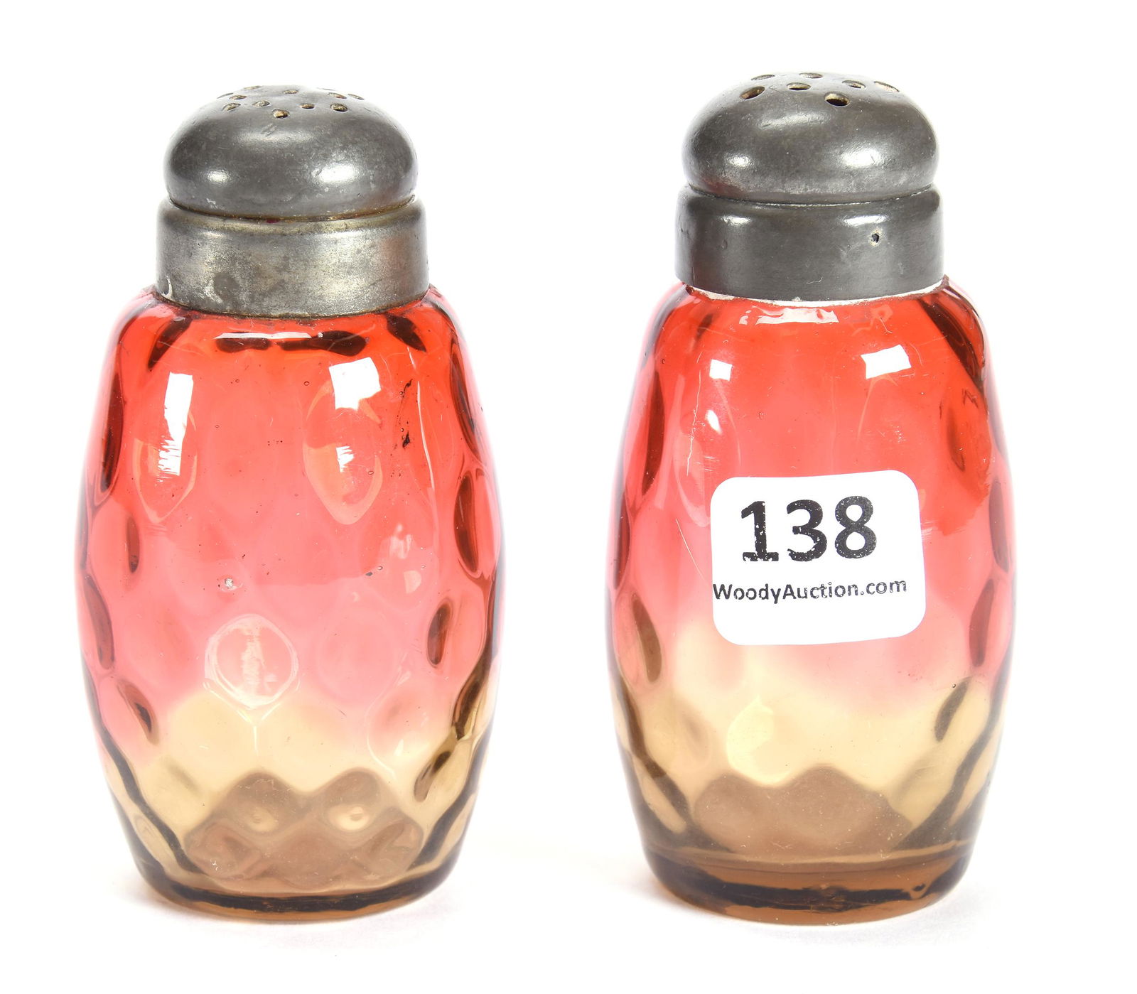 Salt/Pepper Shakers, Phoenix Art Glass, Rubina Verde: Salt/Pepper Shakers, Phoenix Art Glass, Rubina Verde, 3.5", Coindot Optic Pattern, Circa 1890's; Collection Of Leland (Lee) Marple, CA, Author & Glass Researcher