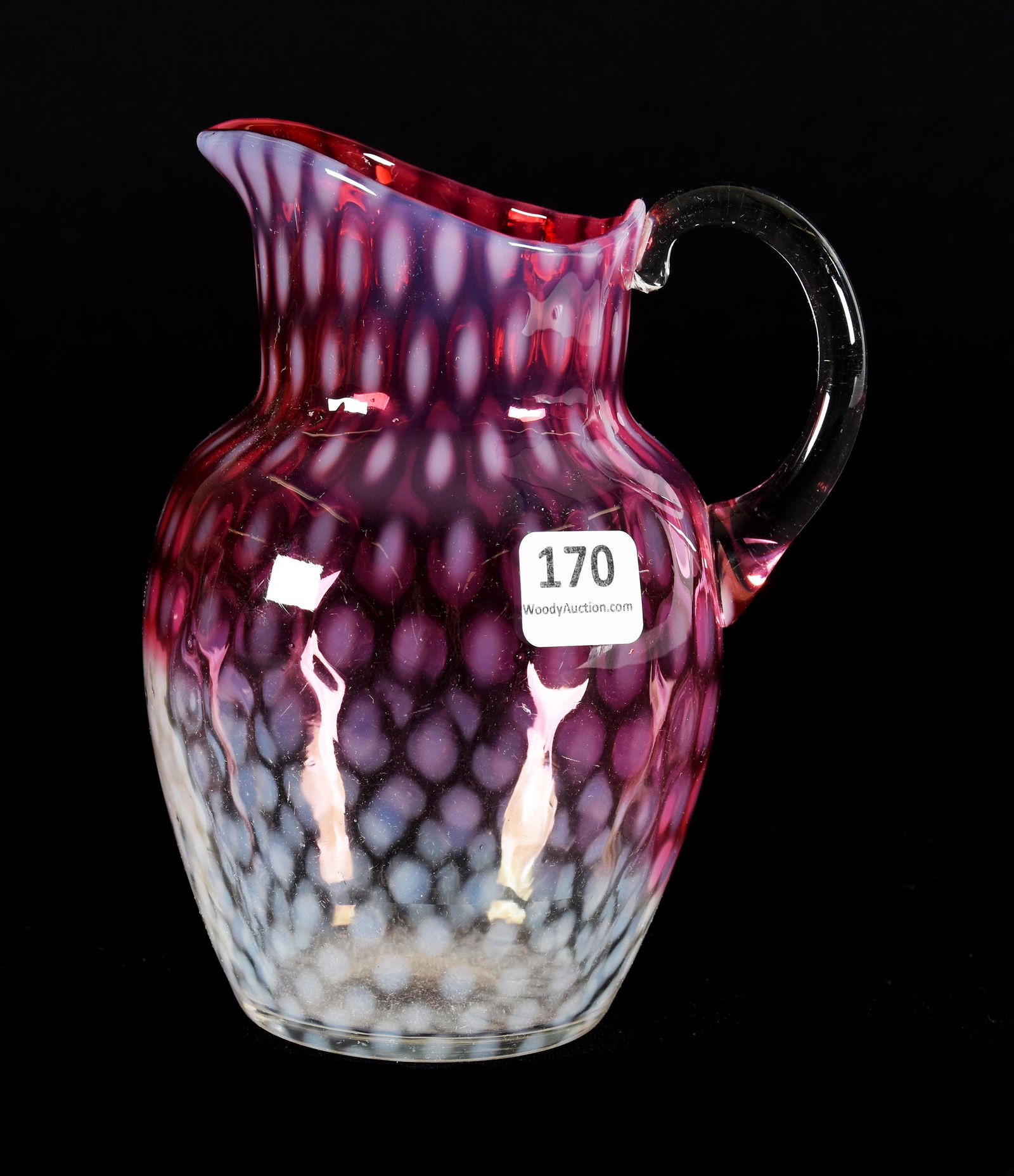Creamer, Phoenix Art Glass, Rubina Opal: Creamer, Phoenix Art Glass, Rubina Opal, 5.75", Coindot Optic, Clear Handle, Polished Pontil Base, Circa 1890's; Collection Of Leland (Lee) Marple, CA, Author & Glass Researcher