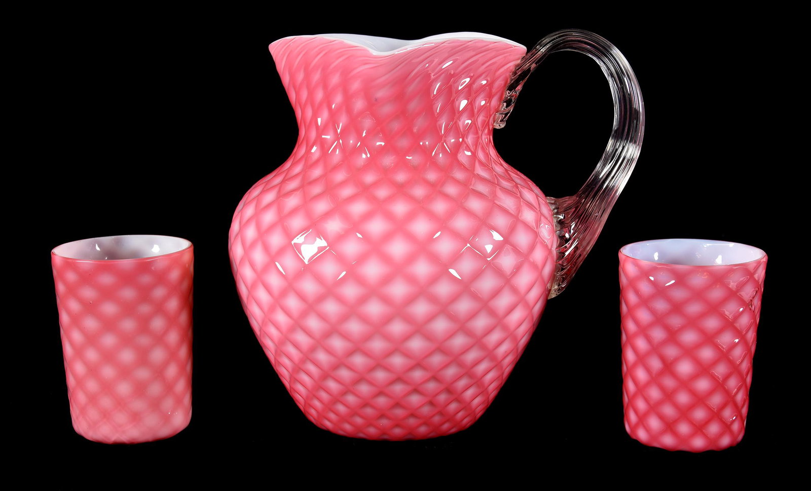 Water Set, Phoenix Art Glass, Pink Cut Velvet Pattern: Water Set, Phoenix Art Glass, Pink Cut Velvet Pattern, 8", 3.75", Phoenix's Version Of Cut Velvet, Diamond Quilted, Clear Ribbed Applied Handle, Square Top, Polished Pontil Base, Circa 1890's, (2) Mat