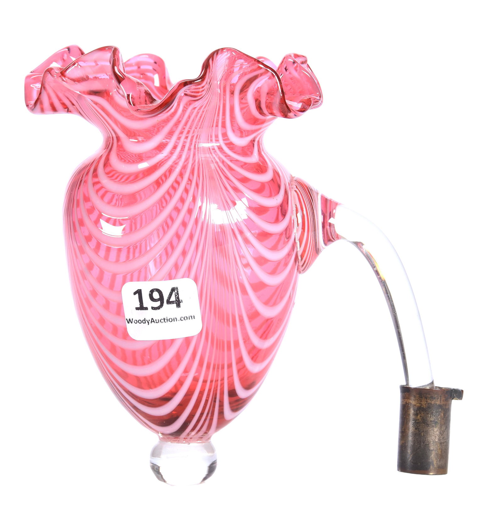 Epergne Basket, Phoenix Art Glass, Cranberry Nailsea: Epergne Basket, Phoenix Art Glass, Cranberry Nailsea, 5", Ruffled Top, Clear Stem With Metal Fitting To Attach To An Epergne, Possibly The Piece You've Been Looking For, Circa 1890's; Collection Of Le