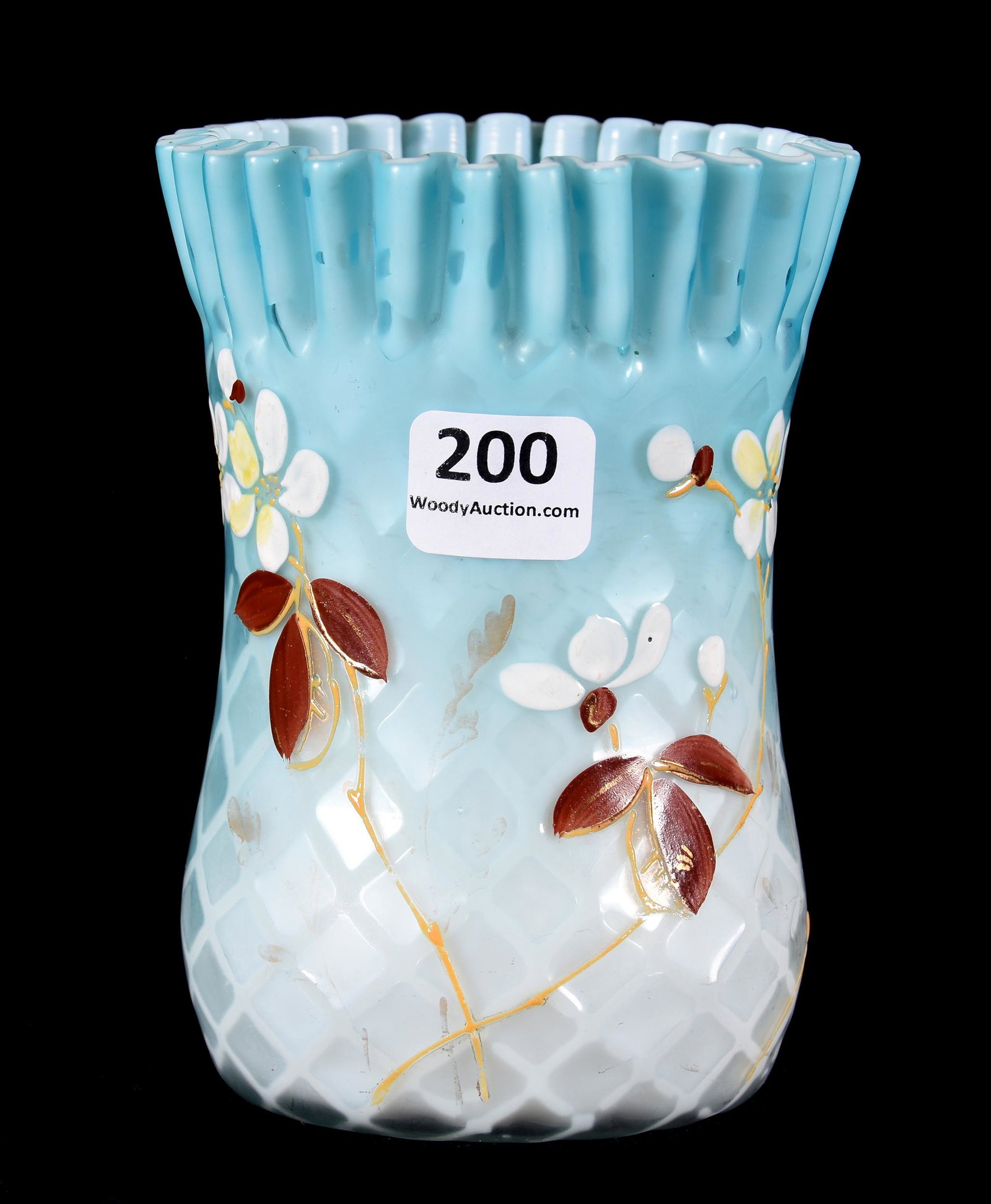 Spooner, Phoenix Art Glass, Blue Satin Mop: Spooner, Phoenix Art Glass, Blue Satin Mop, 4.75" X 3.5", Diamond Quilted, Ruffled Top, Enamel Floral Decor, Polished Pontil Base, Circa 1890's; Collection Of Leland (Lee) Marple, CA, Author & Glass R