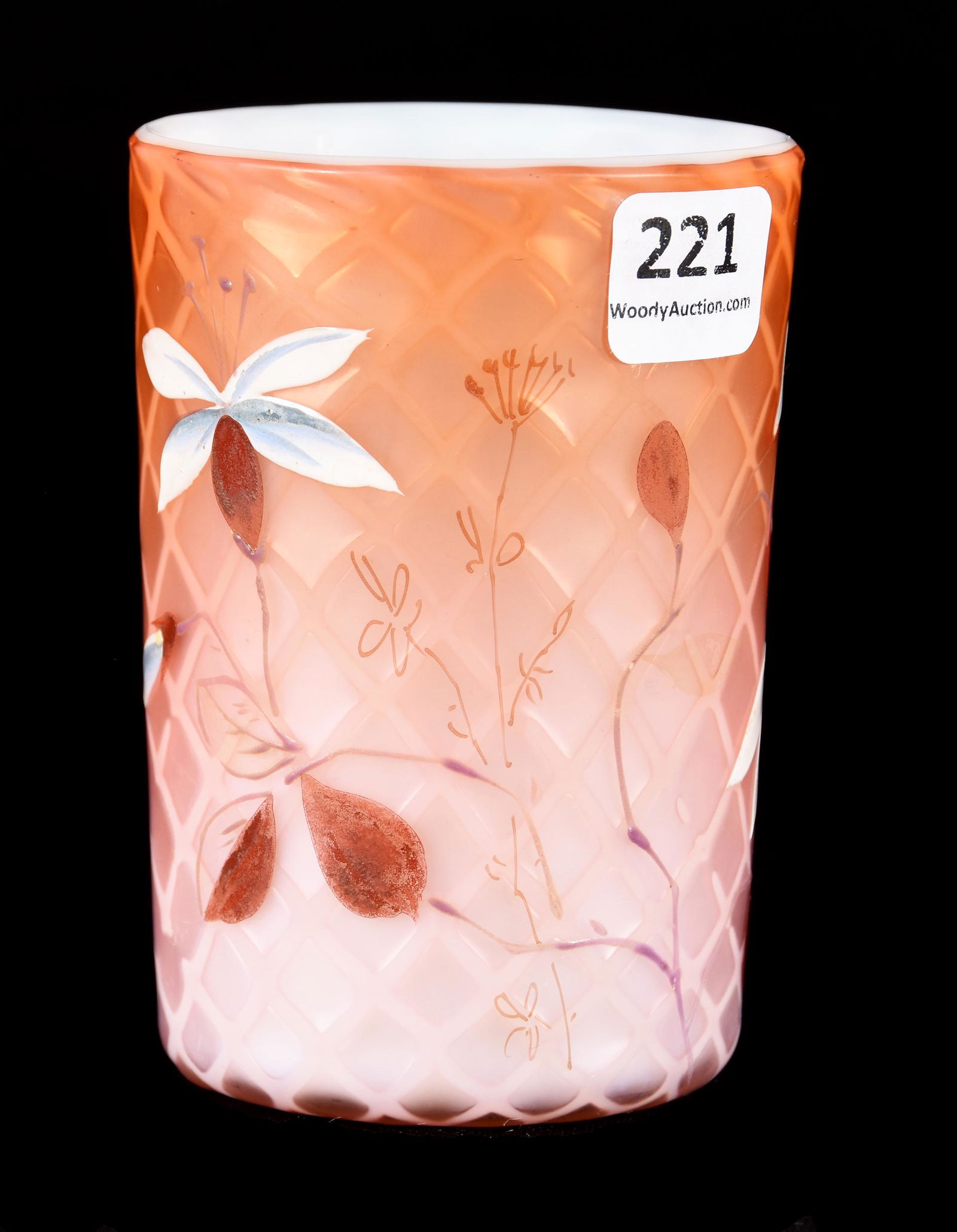 Tumbler, Phoenix Art Glass, Apricot Satin Mop: Tumbler, Phoenix Art Glass, Apricot Satin Mop, 4", Diamond Quilted, Enamel Floral Decor, Circa 1890's; Collection Of Leland (Lee) Marple, CA, Author & Glass Researcher