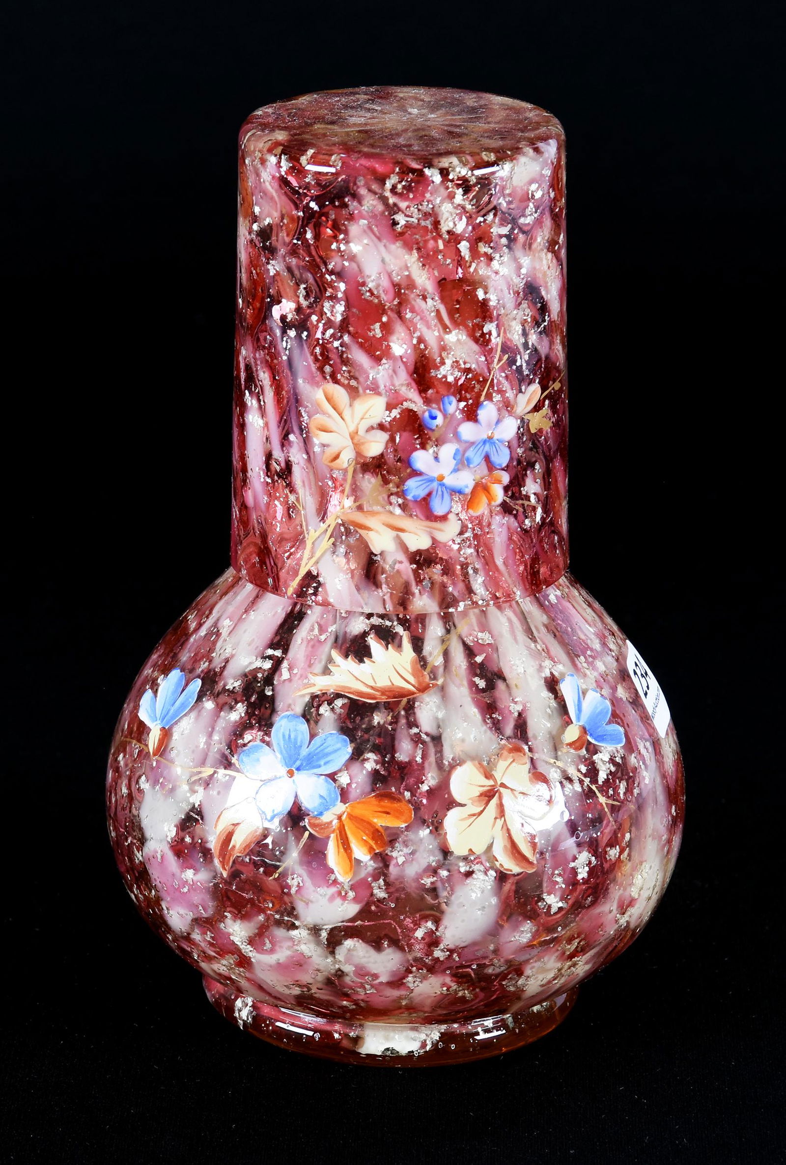Tumble-Up, Phoenix Art Glass, Cranberry & Opal Spatter: Tumble-Up, Phoenix Art Glass, Cranberry & Opal Spatter, 7.5", Silver Mica Highlights, Circa 1890's; Collection Of Leland (Lee) Marple, CA, Author & Glass Researcher