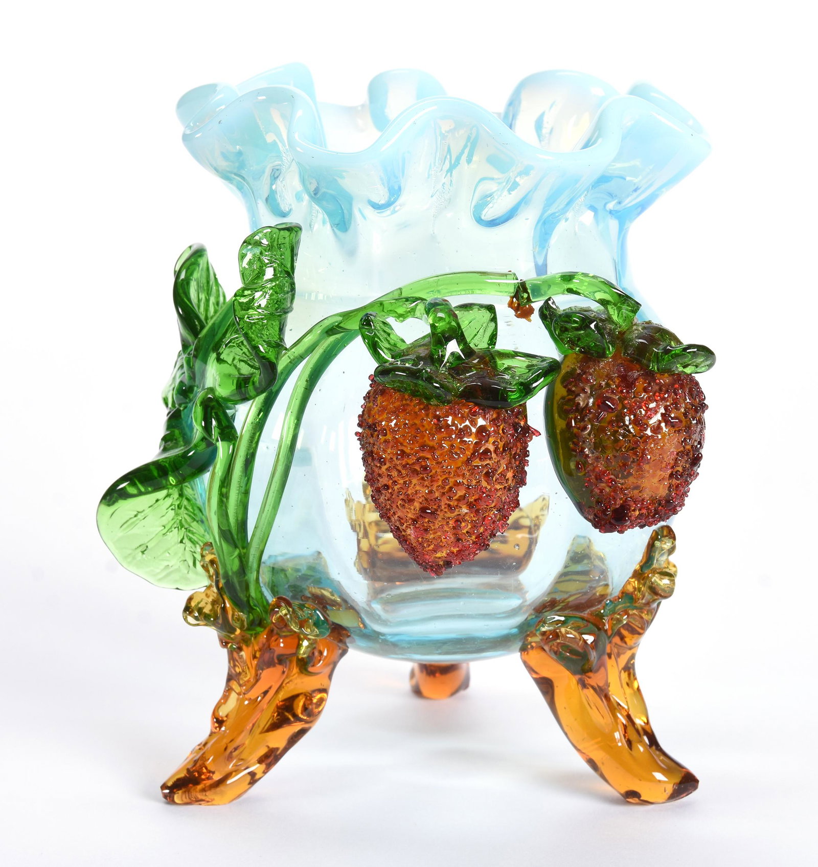 Vase, Stevens & Williams Blue Opal Art Glass: Vase, Stevens & Williams Blue Opal Art Glass, 6.75", Amber Applied Feet, Green Applied Leaf And Vine, Two Large Red Applied Strawberries, Break In One Stem Which Is Hard To See, Circa 1900's; Private 
