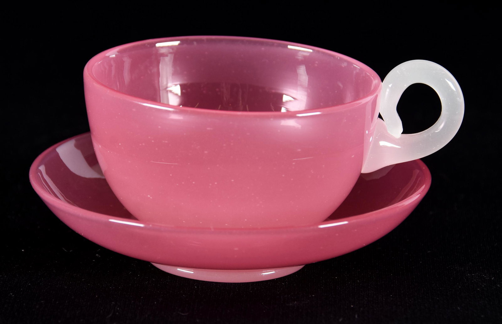 Cup And Saucer, Steuben Rosaline Art Glass, Unmarked: Cup And Saucer, Steuben Rosaline Art Glass, Unmarked, 2.25" X 4.25", Circa 1900's; Private Collection, SD