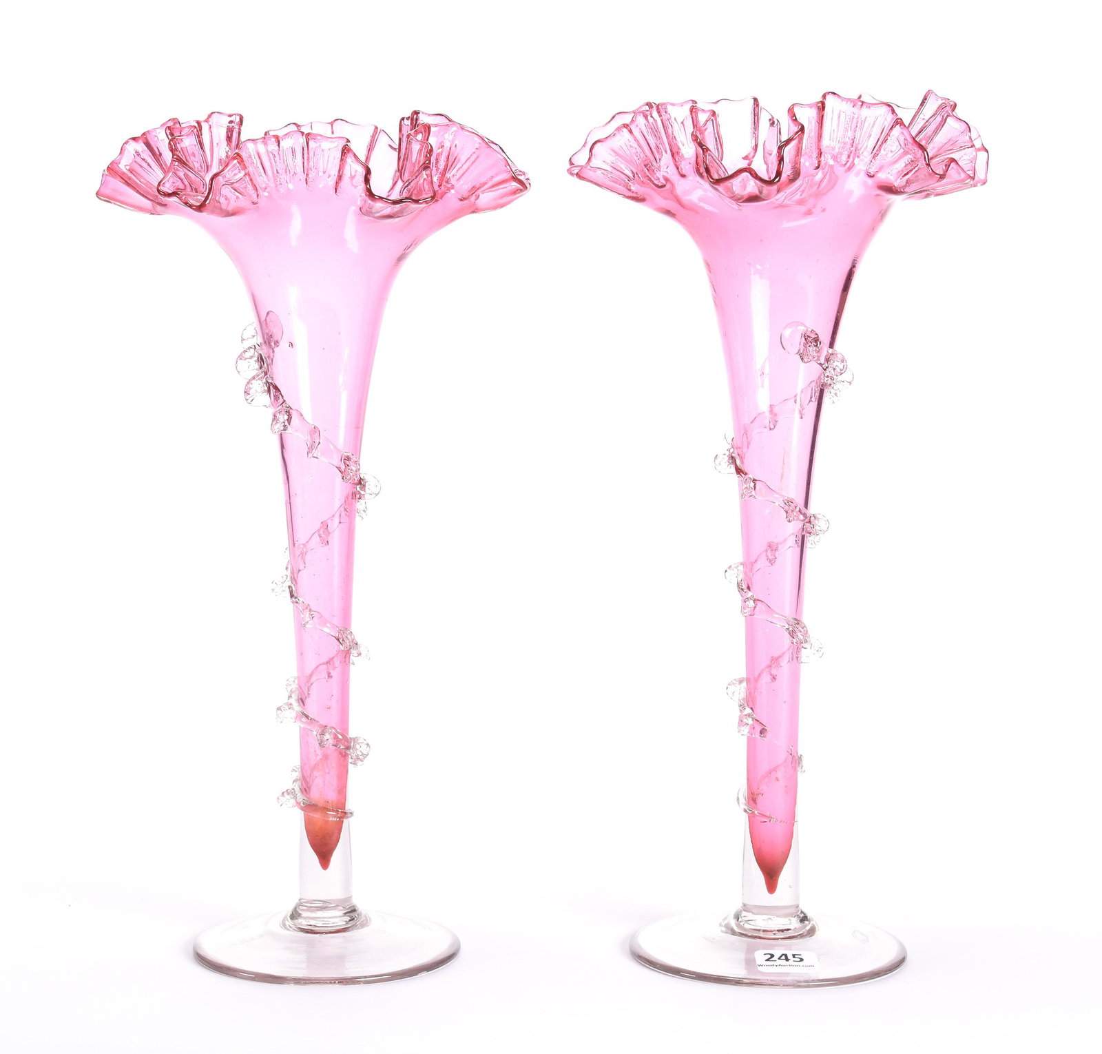 Pair Trumpet Vases, Cranberry Art Glass: Pair Trumpet Vases, Cranberry Art Glass, 12.25", Clear Applied Rigoree, Ruffled Rim, Clear Foot, One Is Missing A Section Of Rigoree, One Is Missing Tip Of Tail, Some Height Variation, Circa 1900's; P