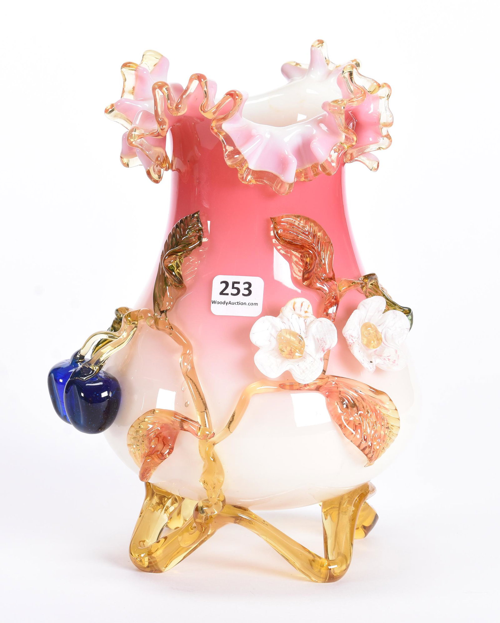 Vase, Cased Stevens & Williams Peachblow Art Glass: Vase, Cased Stevens & Williams Peachblow Art Glass, 8.75", Applied Branch, Blossom And Fruit Decor, Amber Applied Feet, One Petal On One Blossom Has Professional Repair; Private Collection, SD