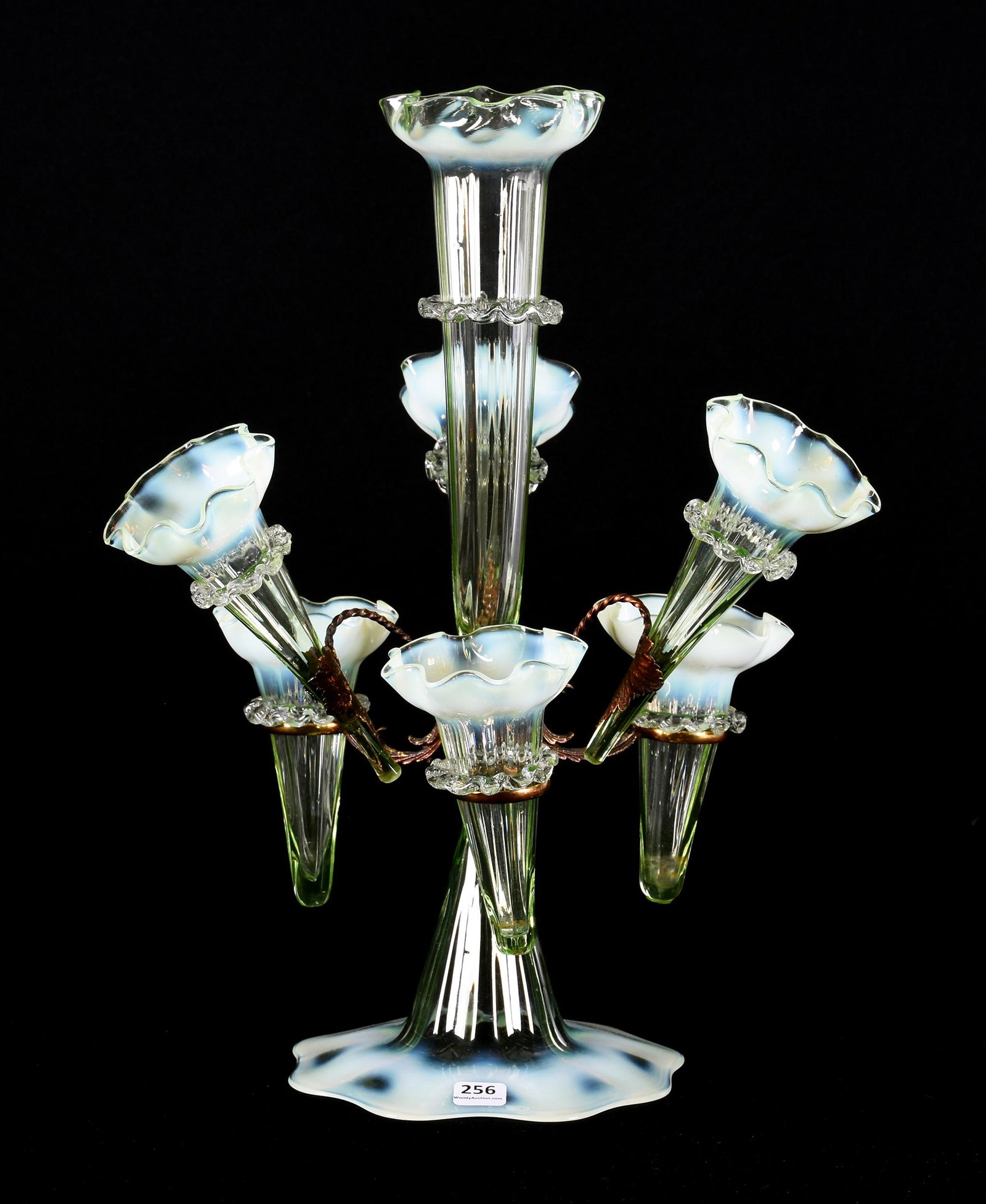 Epergne, Vaseline Opalescent Art Glass: Epergne, Vaseline Opalescent Art Glass, 17" X 13", Glass Skirted Base With Large Center Lily, Gilt Metal Wire Frame Supporting Six Removeable Vases, Nice Set, Circa 1900's; Private Collection, SD