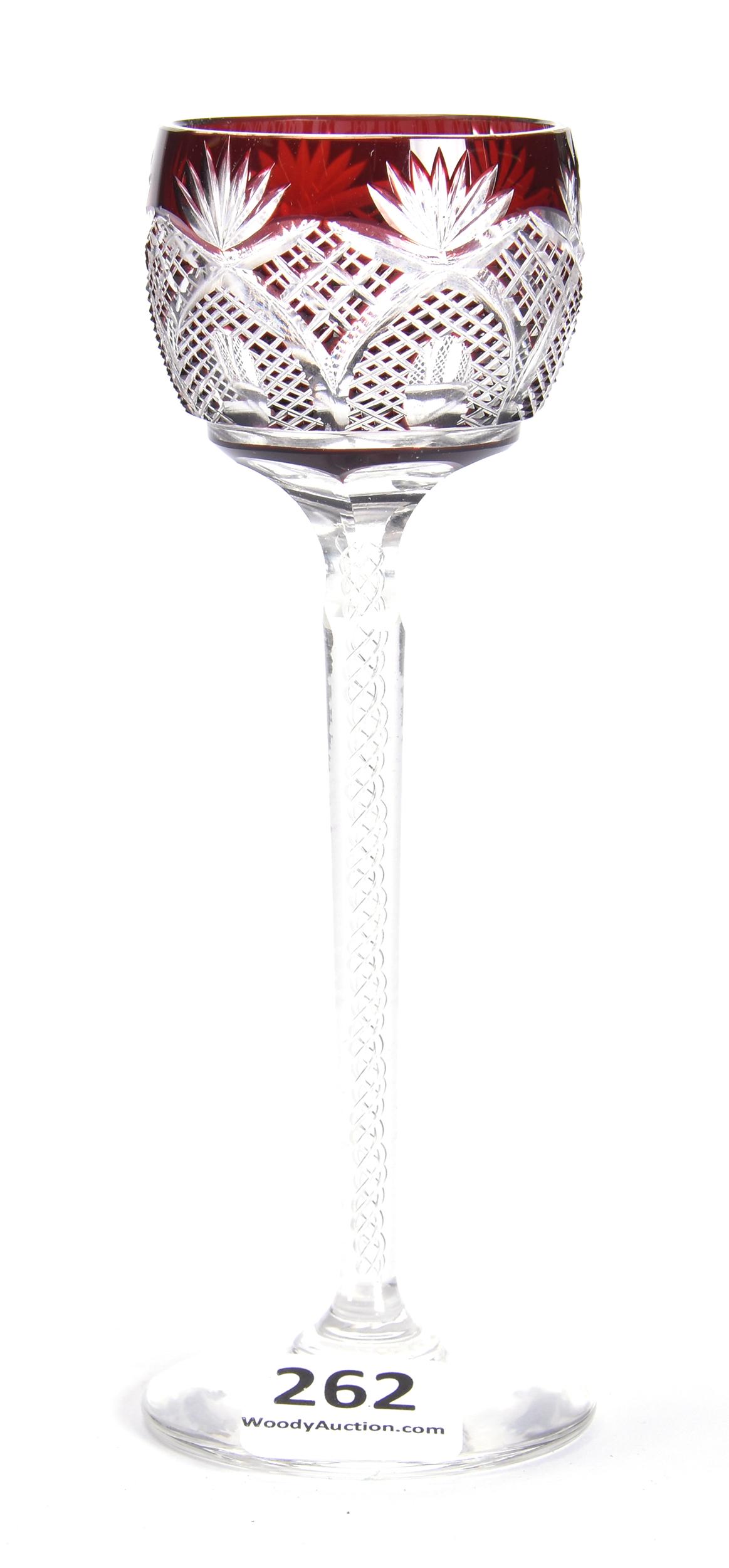 Cordial Stem, BPCG, Ruby Cut To Clear: Cordial Stem, BPCG, Ruby Cut To Clear, 5.25", Arch, Crosscut Diamond And Fan Motif, Air Twist Stem, Uncut Foot; Weiss Collection, CO