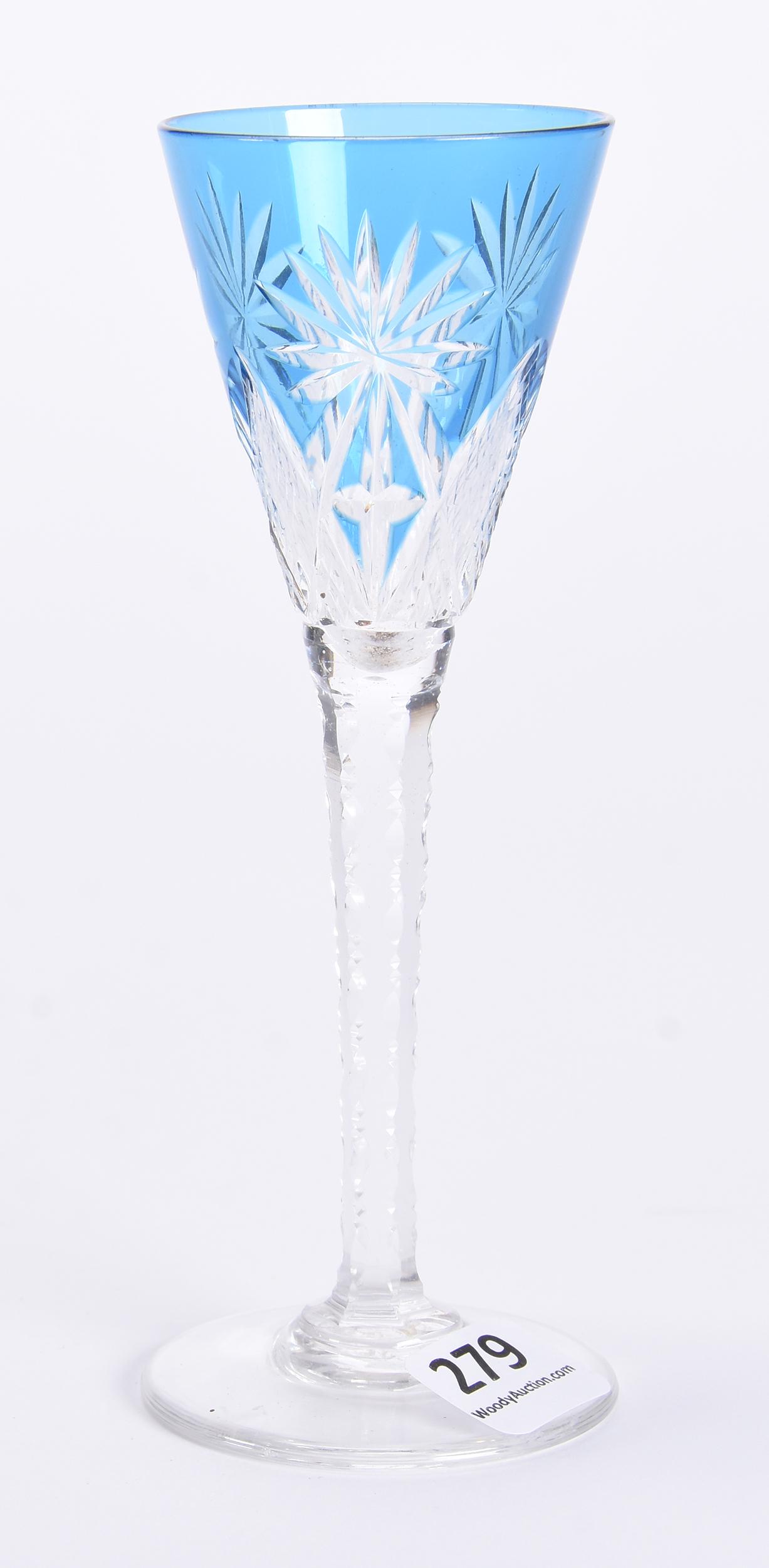 Wine Stem, BPCG, Blue Cut To Clear: Wine Stem, BPCG, Blue Cut To Clear, 5.75", Diamond And Fan Motif, Solid Notched Stem, Uncut Foot, Val St. Lambert; Weiss Collection, CO