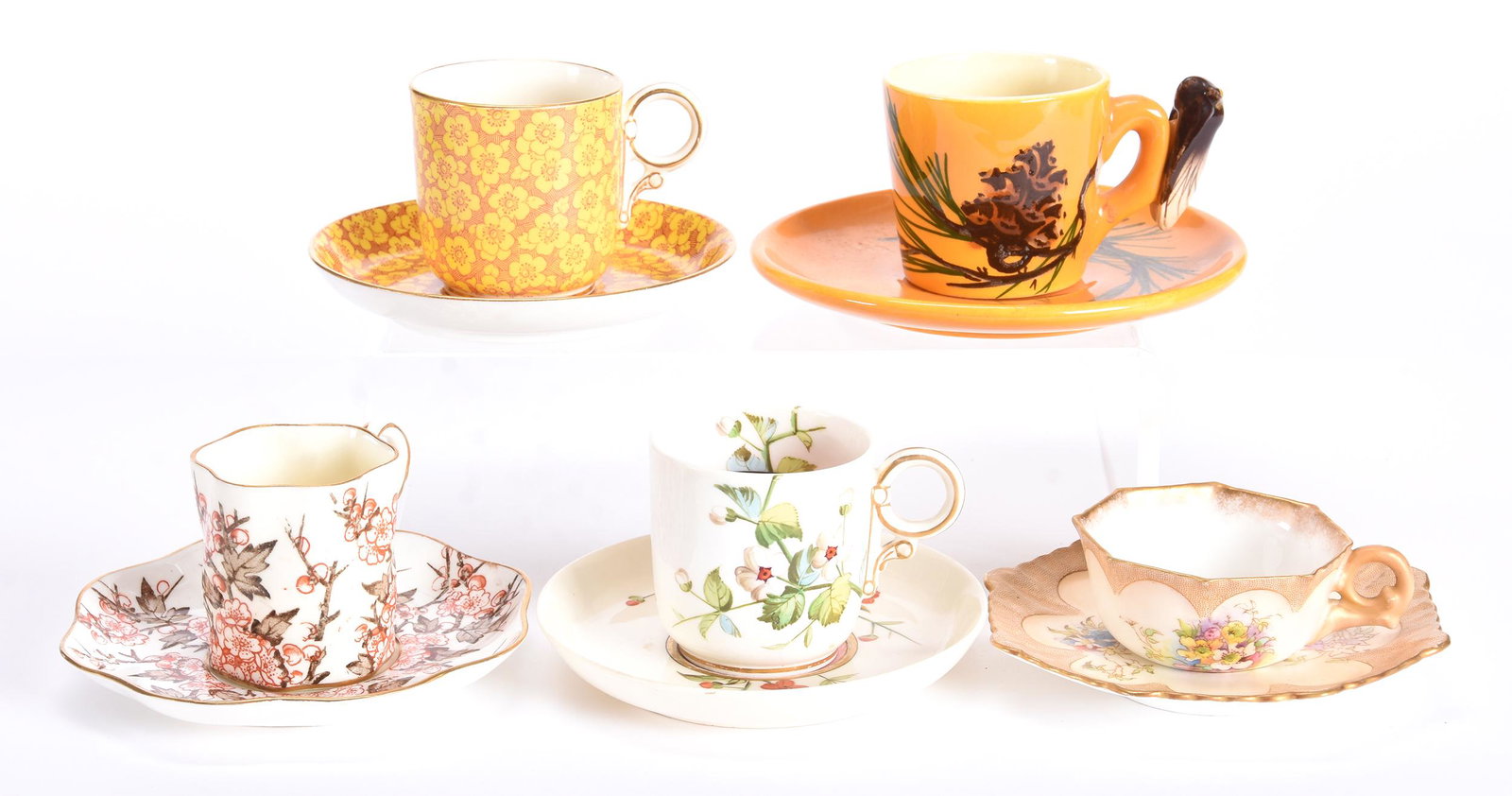 (5) Assorted Cups And Saucers: (5) Assorted Cups And Saucers, N/A, (1) Marked Coalport With Blossom Decor, (1) Royal Worcester, Yellow Floral Decor, (1) Doulton Burslem, Colorful Floral Decor, (1) Royal Worcester, White With Blosso