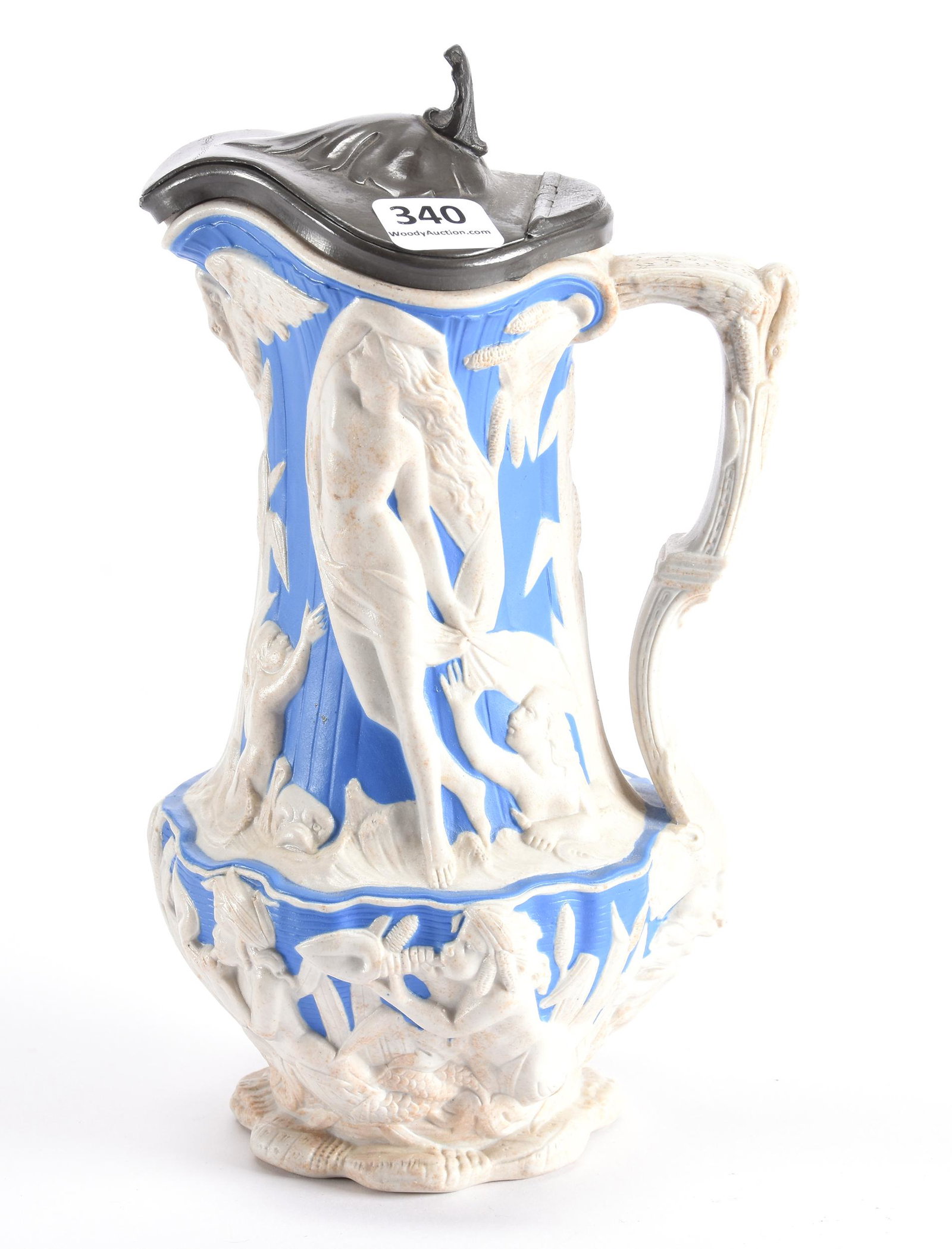 Pitcher W/Hinged Pewter Lid Marked "L. E. Meigh": Pitcher W/Hinged Pewter Lid Marked "L. E. Meigh", 8.5", White Parian With Blue Background, Scene Of Nudes And Cherubs, Circa 1850; Private Collection, NJ