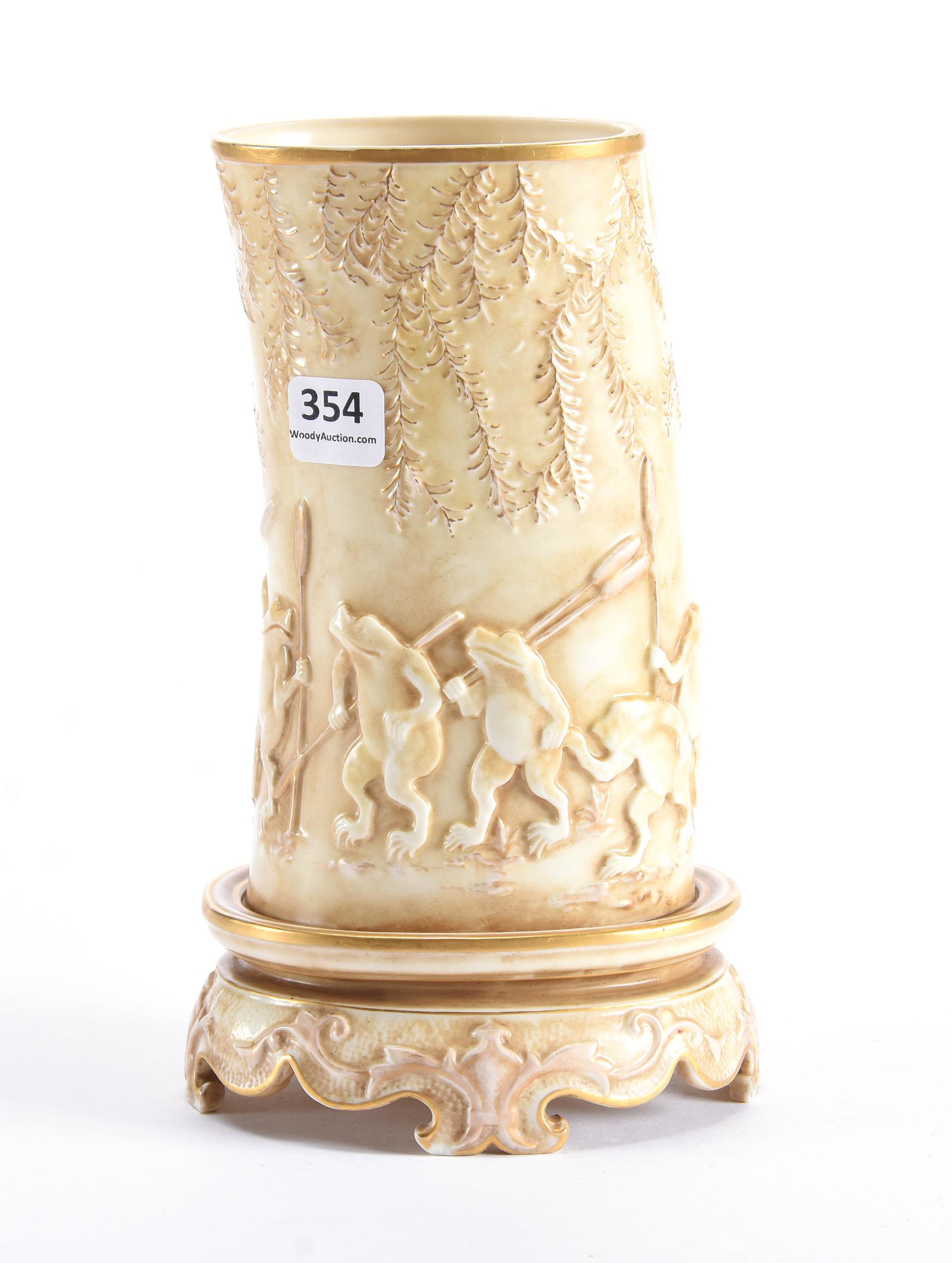 Vase Marked Royal Worcester: Vase Marked Royal Worcester, 8", Faux Ivory With Seven Frogs Walking To Pond, Carrying Oars, Some Chipping On Base; Private Collection, NJ