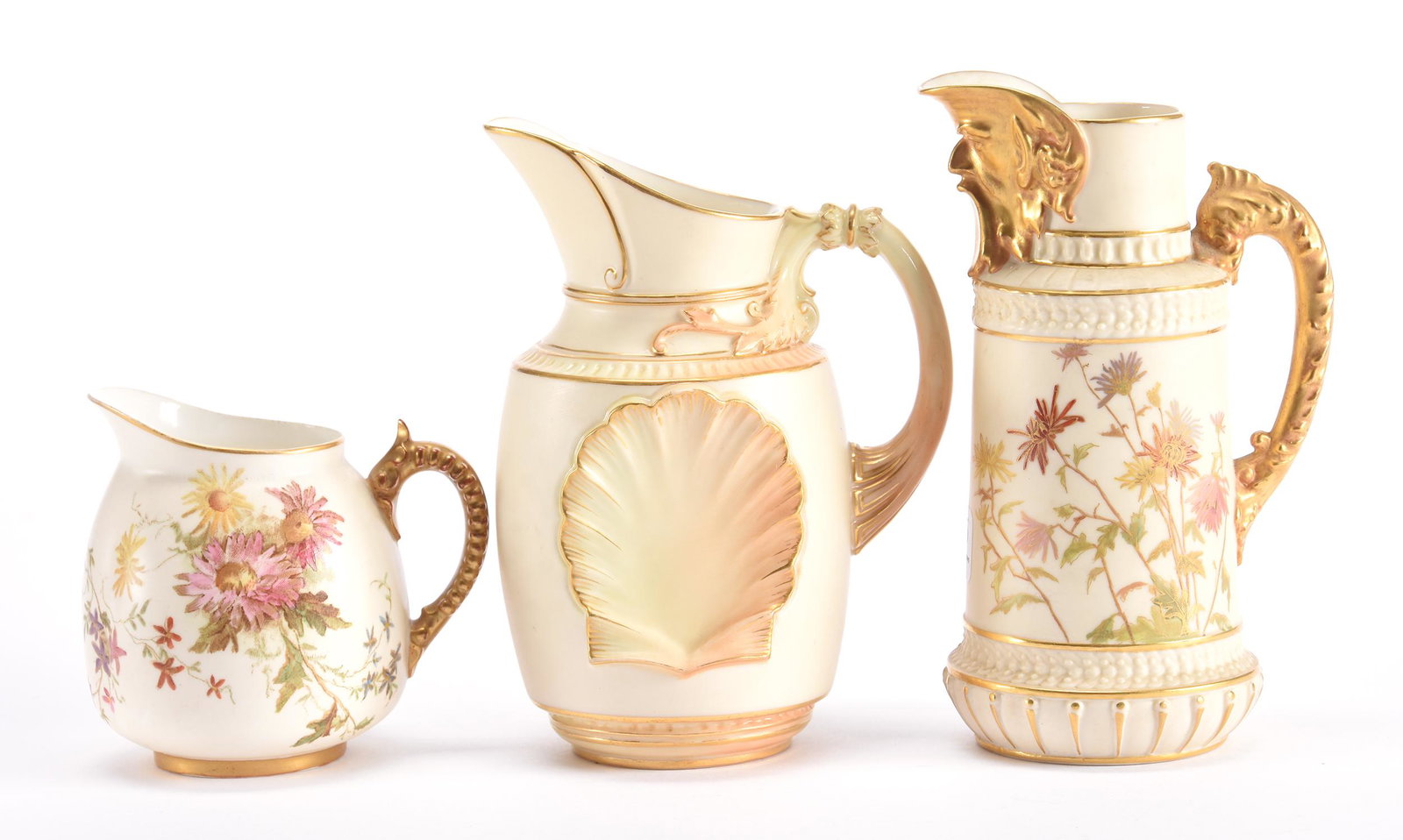 (3) Pitchers Marked Royal Worcester: (3) Pitchers Marked Royal Worcester, N/A, (1) 6.25", #1366, Cream With Floral, (1) 6", #1437, Shell Mold (1) 3.5", Cream With Floral; Private Collection, NJ
