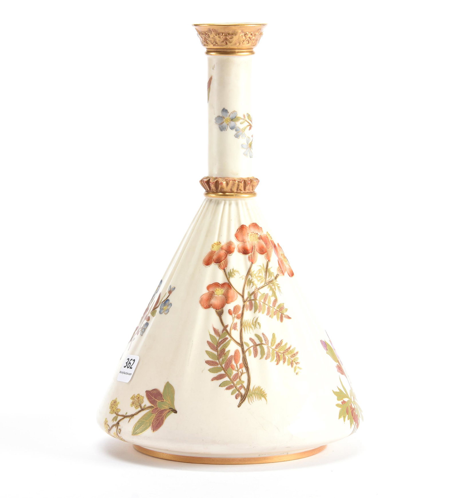 Vase, Royal Worcester #1053: Vase, Royal Worcester #1053, 10.25", Tapered Flask Form, Cream With Colorful Floral Decor; Private Collection, NJ