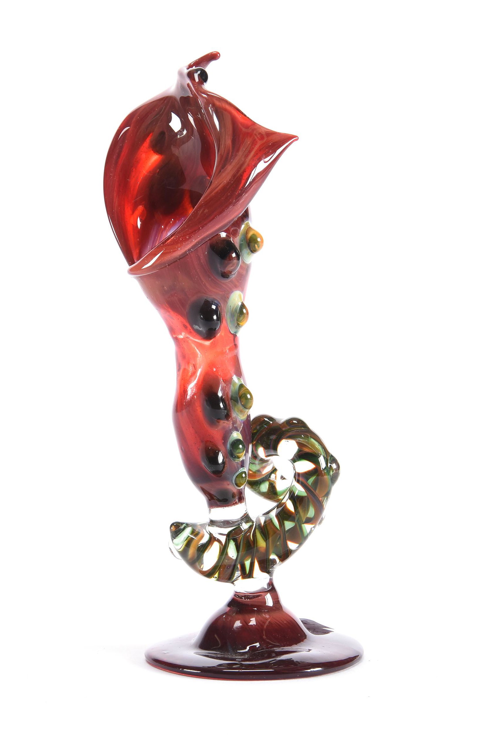 Vase, Contemporary Art Glass: Vase, Contemporary Art Glass, 8", Deep Red Shell Form With Twist Stem In Slug Form, Unknown Maker; Private Collection, NJ