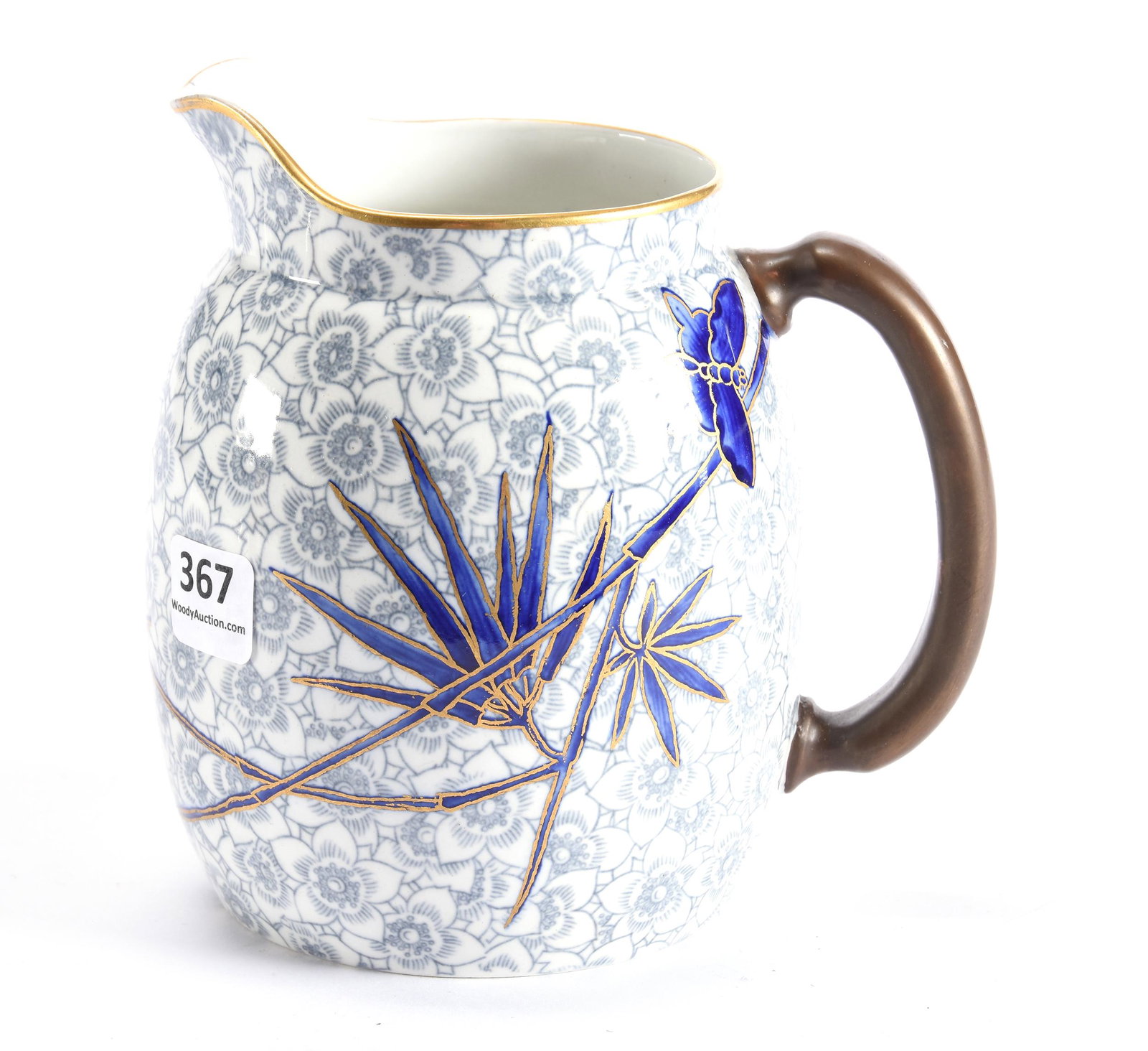 Pitcher Marked Royal Worcester: Pitcher Marked Royal Worcester, 5.5", Blue Floral Blossom Background With Cobalt Blue Stork And Palm Leaf Highlights; Private Collection, NJ
