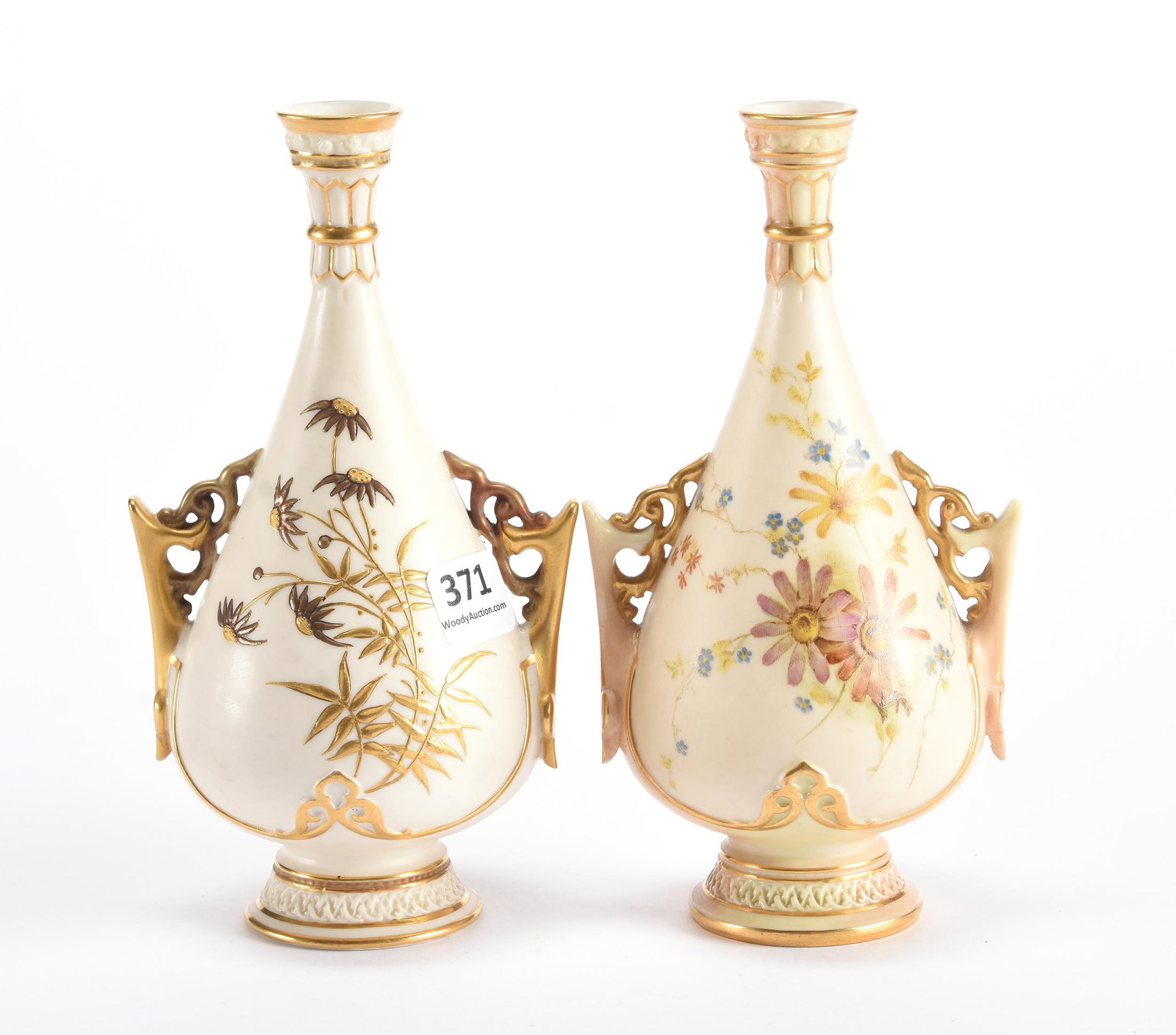 (2) Vases Marked Royal Worcester #982: (2) Vases Marked Royal Worcester #982, 6.75", (1) Cream With Colorful Floral Decor, (1) Cream With Gold Enamel Floral Decor; Private Collection, NJ