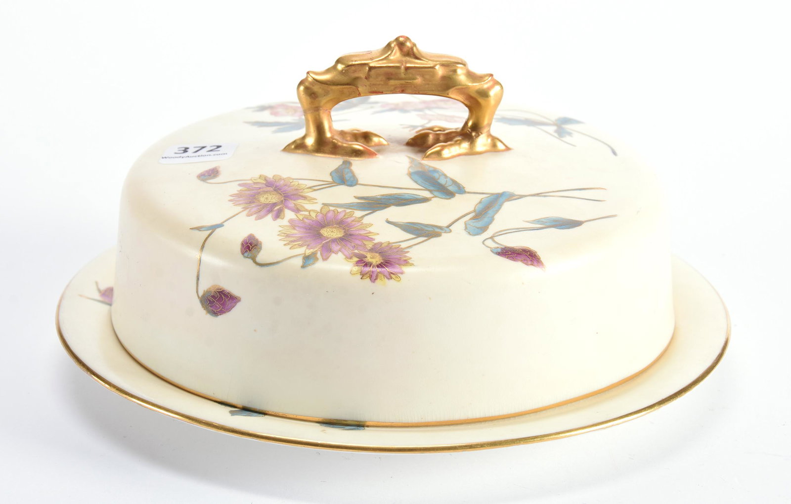 Butter Dish Marked Royal Worcester: Butter Dish Marked Royal Worcester, 4" X 8", Cream With Colorful Floral Decor, Figural Finial In Shape Of Ducks Head & Feet, Finial Has A Repair; Private Collection, NJ