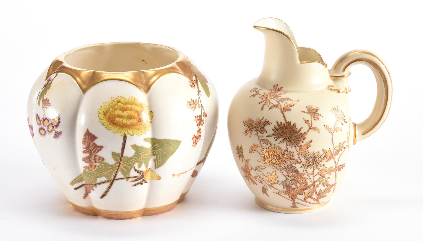 (2) Royal Worcester Items: (2) Royal Worcester Items, N/A, (1) 6.25", #1094 Pitcher, Cream With Gold Floral Decor, (1) 5" X 6.5" Vase, Cream With Colorful Floral Decor, Hard To See Crow's Foot On Side; Private Collection, NJ