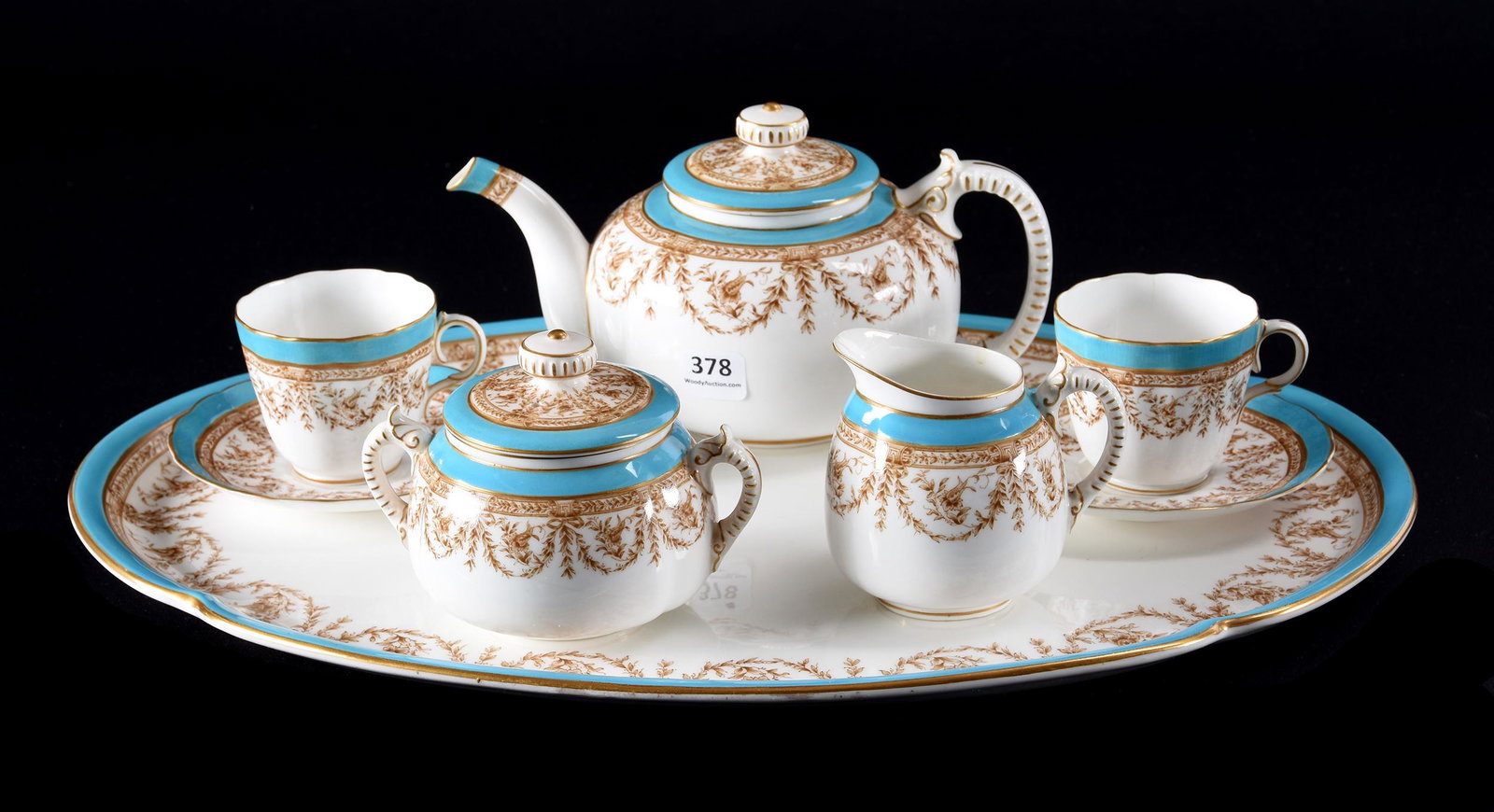 Tea Service, Six Piece, Marked Royal Worcester: Tea Service, Six Piece, Marked Royal Worcester, N/A, White With Blue Trim And Brown Floral Garland Decor, 17.5" Oval Tray, Teapot, Creamer, Sugar, (2) Cups And Saucers, One Saucer Has A Chip, One Cup 