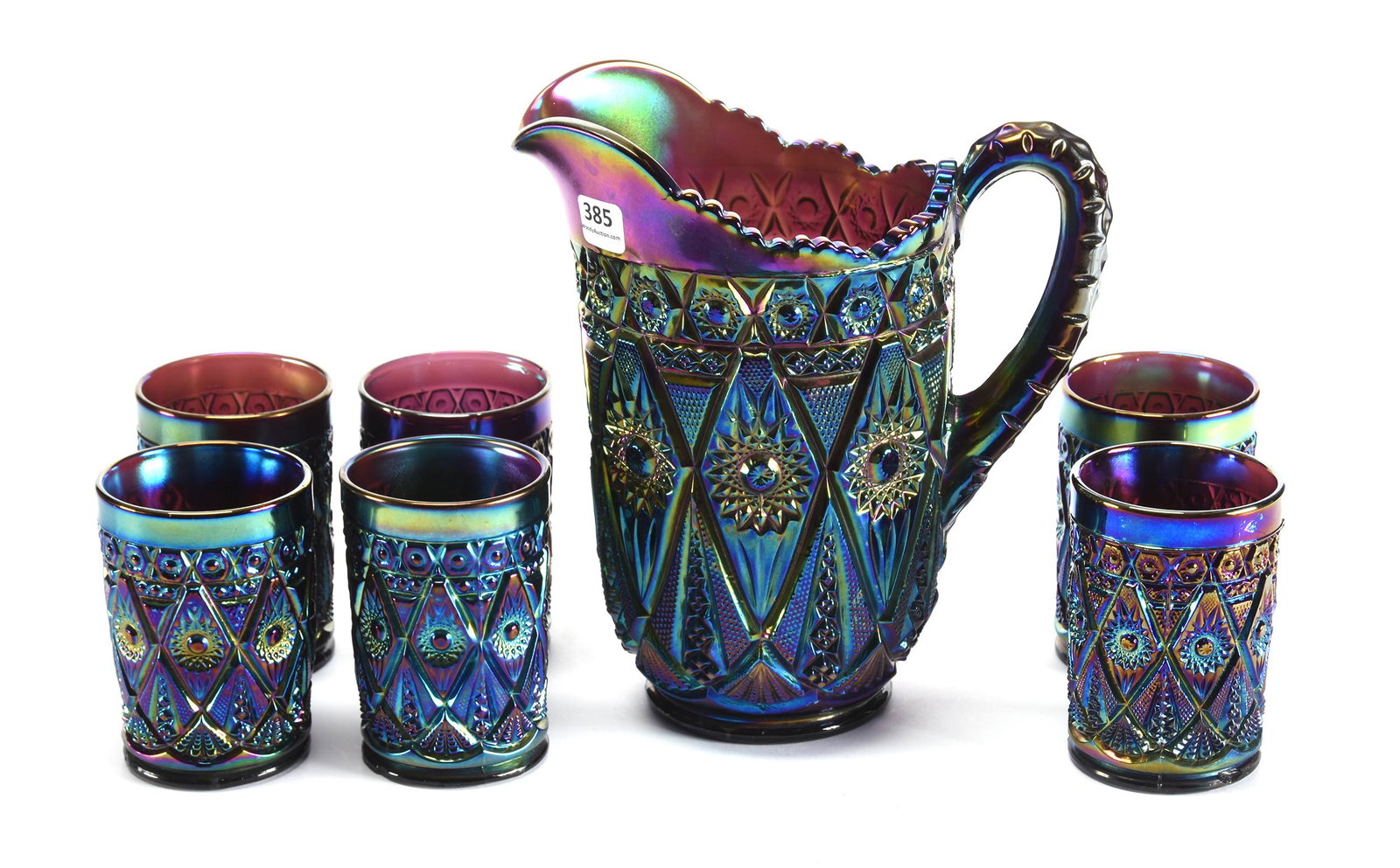 Carnival Glass Water Set, Diamond Lace By Imperial: Carnival Glass Water Set, Diamond Lace By Imperial, N/A, 9" Pitcher With (6) 4" Tumblers, Purple, Nice Color; Anderson Collection, KS. UPDATED 2-25-20: 1 cup has a rim chip, 1 cup has a base chip.