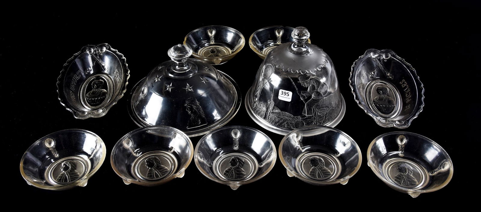 (11) EAPG Actress Pattern, Labelle Glass: (11) EAPG Actress Pattern, Labelle Glass, N/A, (1) 8" Compote Lid, (1) 7" Cheese Dome Lid, Male Actor, Rare, (2) 9" Relishes, One With Rim Chips, (7) 5" Berry Dishes With (2) Having Serious Rim Chips,