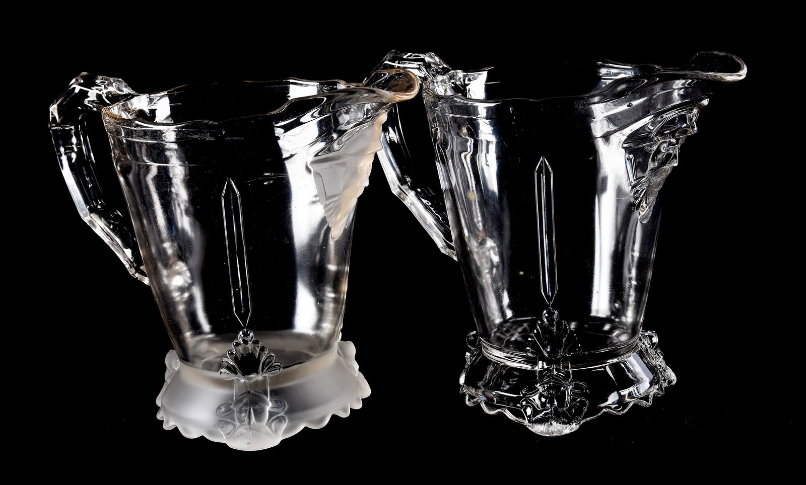 (2) Water Pitchers, EAPG Viking Pattern: (2) Water Pitchers, EAPG Viking Pattern, 8.5", (1) Frosted, (1) Clear, By Hobbs Brockunier, Circa 1876; Ramsey Estate, KS