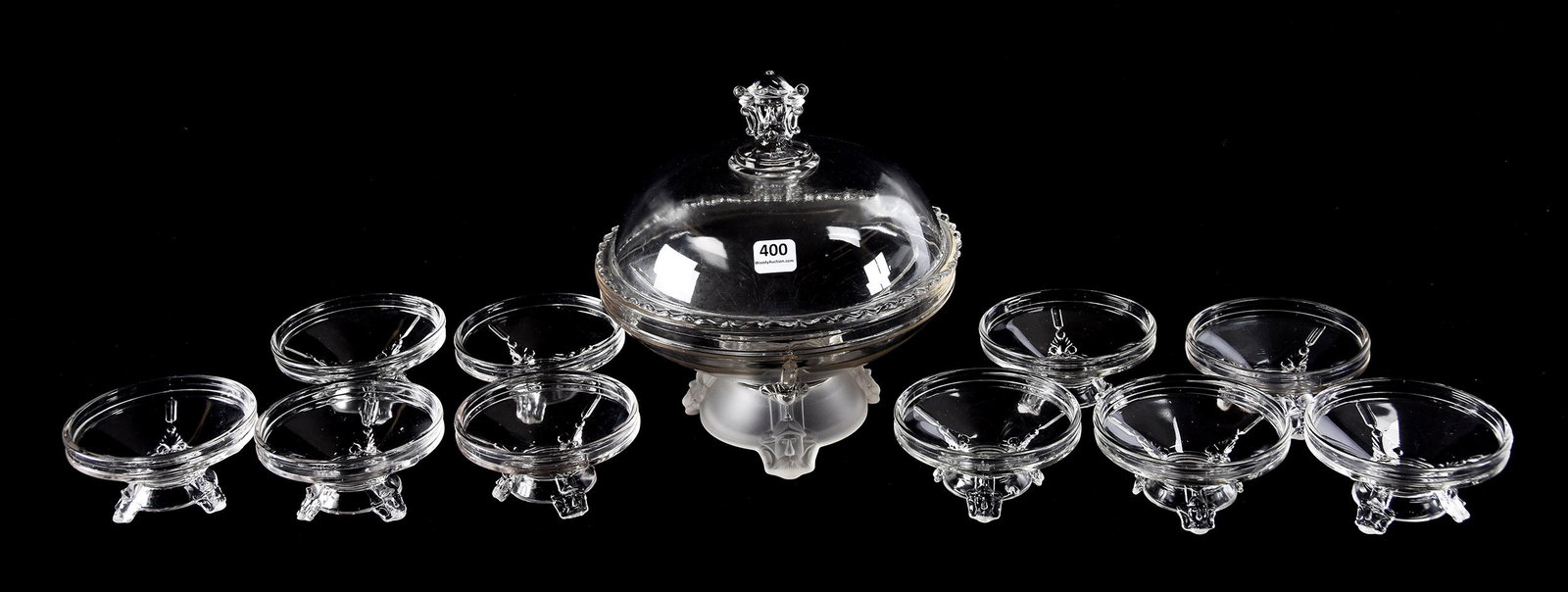 (11) EAPG Viking Pattern Items: (11) EAPG Viking Pattern Items, N/A, (1) 9" X 8" Covered Compote, Frosted Base, (10) 4" Berry Dishes, Some Chipping On Feet, Hobbs Brockunier, Circa 1876; Ramsey Estate, KS
