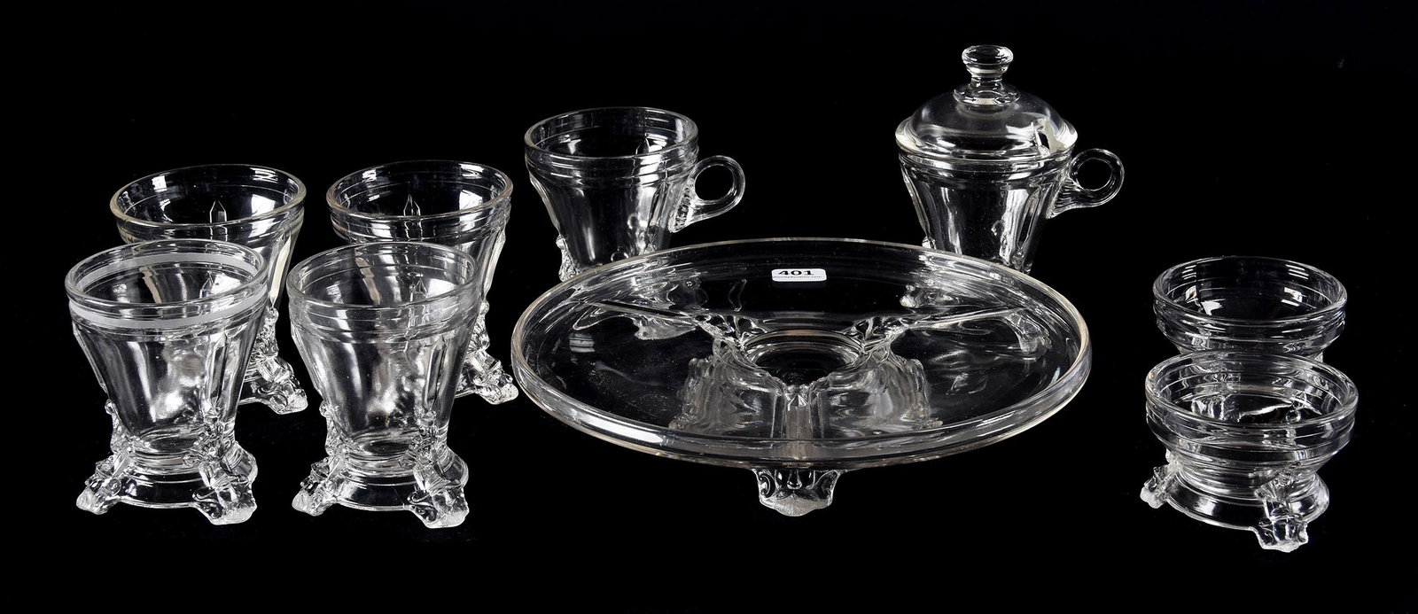 (9) EAPG Viking Pattern Items: (9) EAPG Viking Pattern Items, N/A, (1) 8.75" Cake Stand, (2) 3.5" Handled Mustard Jars, One With Lid, (4) 3.5" Egg Cups, (2) 3" Honey Pots, Hobbs Brockunier, Circa 1876; Ramsey Estate, KS