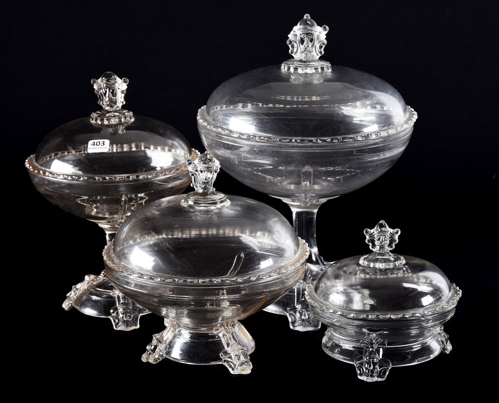 (4) Covered Compotes, EAPG Viking Pattern: (4) Covered Compotes, EAPG Viking Pattern, N/A, (1) 13" X 9", Finial Chip, (1) 10.5" X 7", (1) 8.5" X 8", Finial Chip, (1) 6" X 6", Hobbs Brockunier, Circa 1876; Ramsey Estate, KS