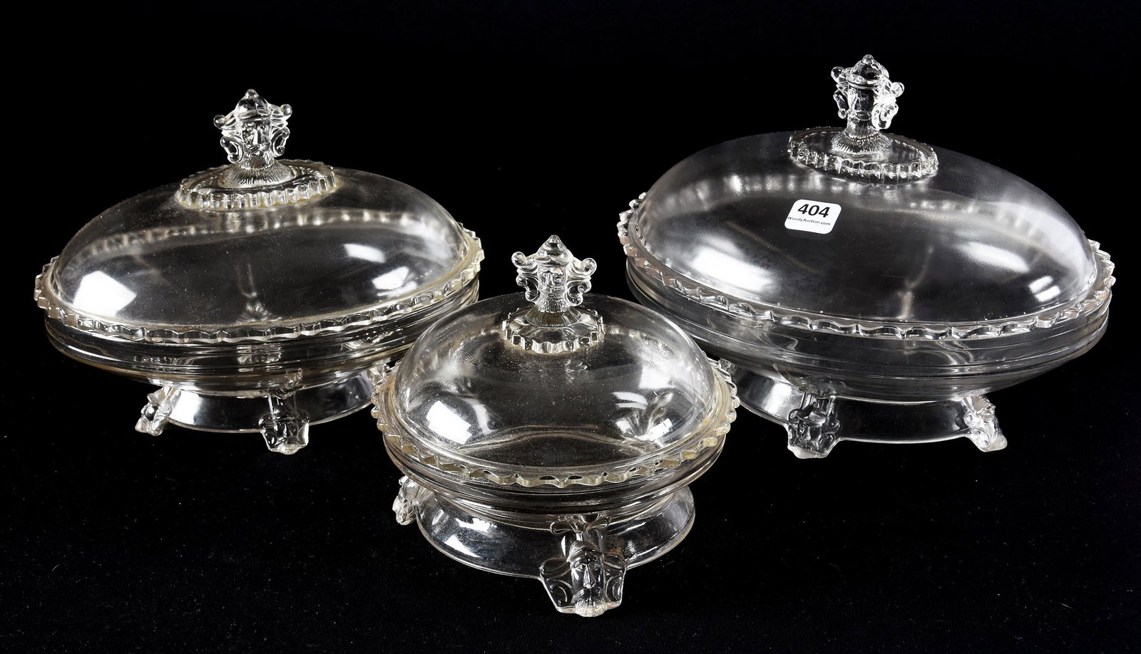 (3) Covered Dishes, EAPG Viking Pattern: (3) Covered Dishes, EAPG Viking Pattern, N/A, (1) 7" X 9", Oval, (1) 6.5" X 8", Oval, (1) 6" X 6", Round, Hobbs Brockunier, Circa 1876; Ramsey Estate, KS