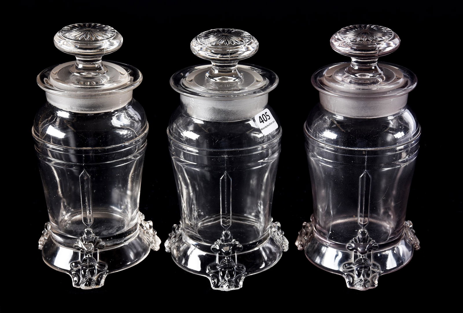 3 Apothecary Jars, EAPG Viking Pattern, Seneca Glass Co: (3) Apothecary Jars, EAPG Viking Pattern, 7.75", Seneca Glass Company, Windsor Pattern on Stem Shape #1934, Engraving Cut #777, One Has Transitioned To Purple Color Glass, Hobbs Brockunier, Circa 1876