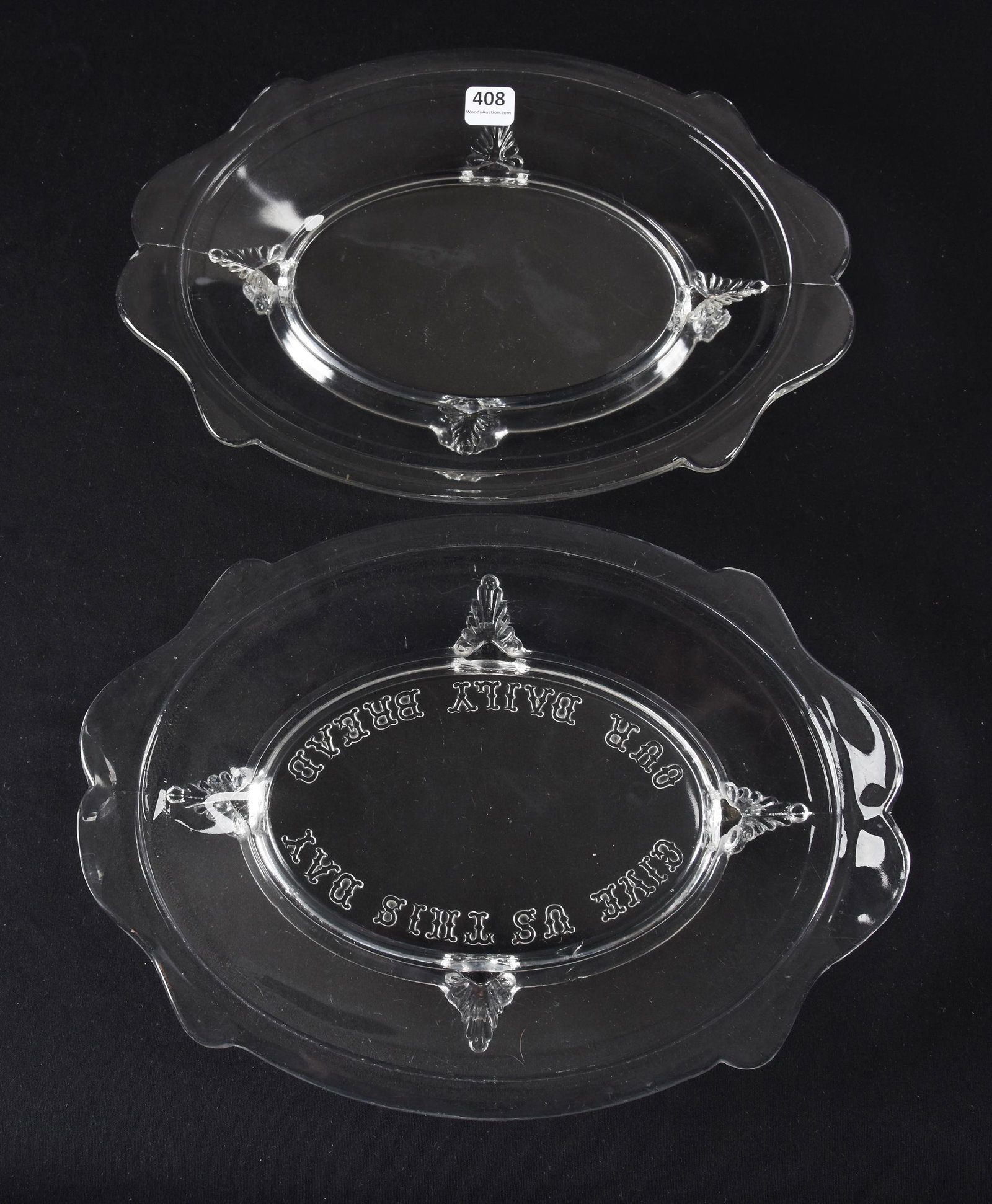(2) Bread Trays, EAPG Viking Pattern: (2) Bread Trays, EAPG Viking Pattern, 12.5", (1) Is Lettered "Give Us This Day Our Daily Bread", Significant Rim Repair, Hobbs Brockunier, Circa 1876; Ramsey Estate, KS