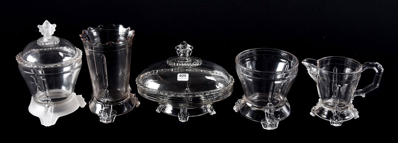 (5) EAPG Viking Pattern Items: (5) EAPG Viking Pattern Items, N/A, (1) 8" Frosted Covered Sugar, (1) 7" Celery Vase, (1) Creamer & (1) Open Sugar, (1) 6.5" X 8" Oval Covered Dish, Hobbs Brockunier, Circa 1876; Ramsey Estate, KS